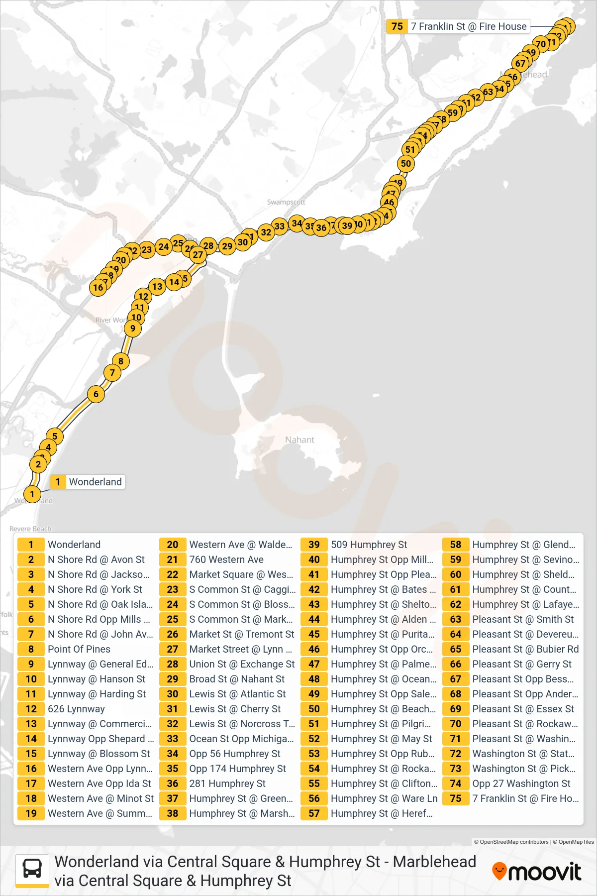 442 bus Line (Marblehead Via Central Square & Humphrey St) route and stops on a map