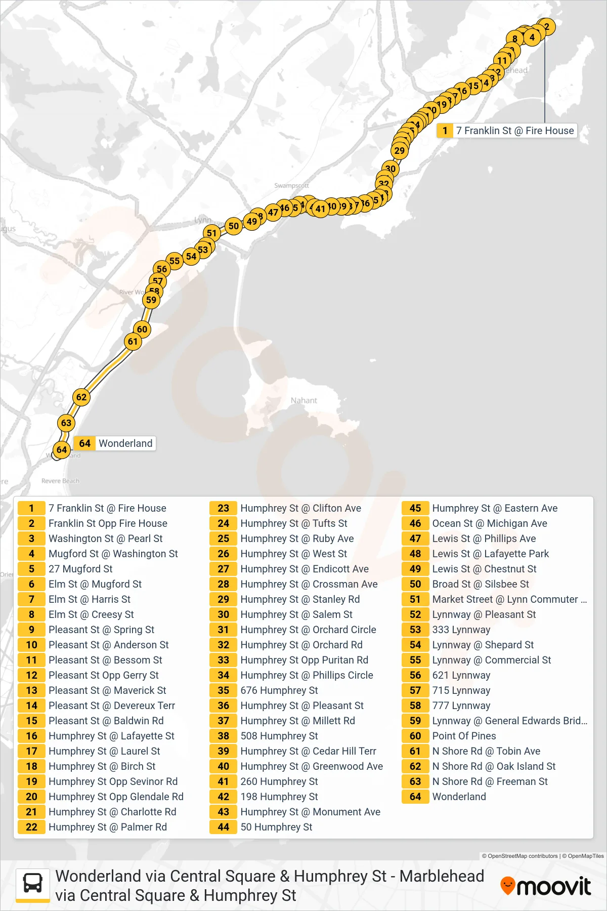 442 bus Line (Wonderland Via Central Square & Humphrey St) route and stops on a map