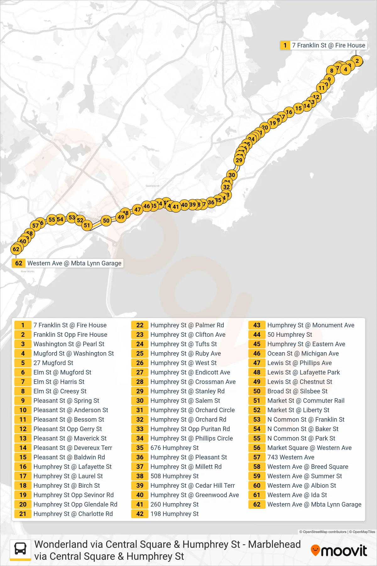 442 bus Line (West Lynn Garage Via Central Square & Humphrey St) route and stops on a map