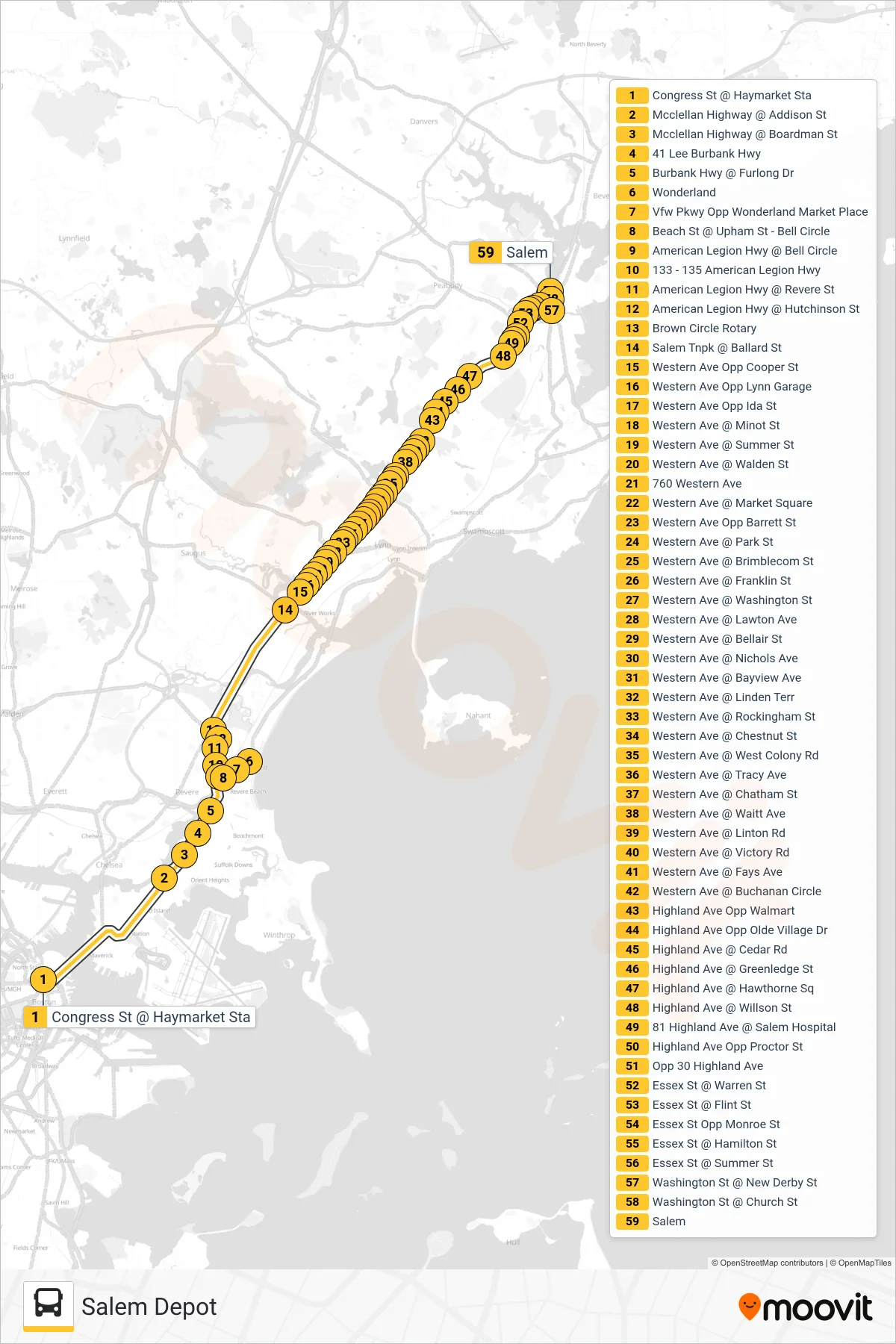450 bus Line (Salem Depot) route and stops on a map