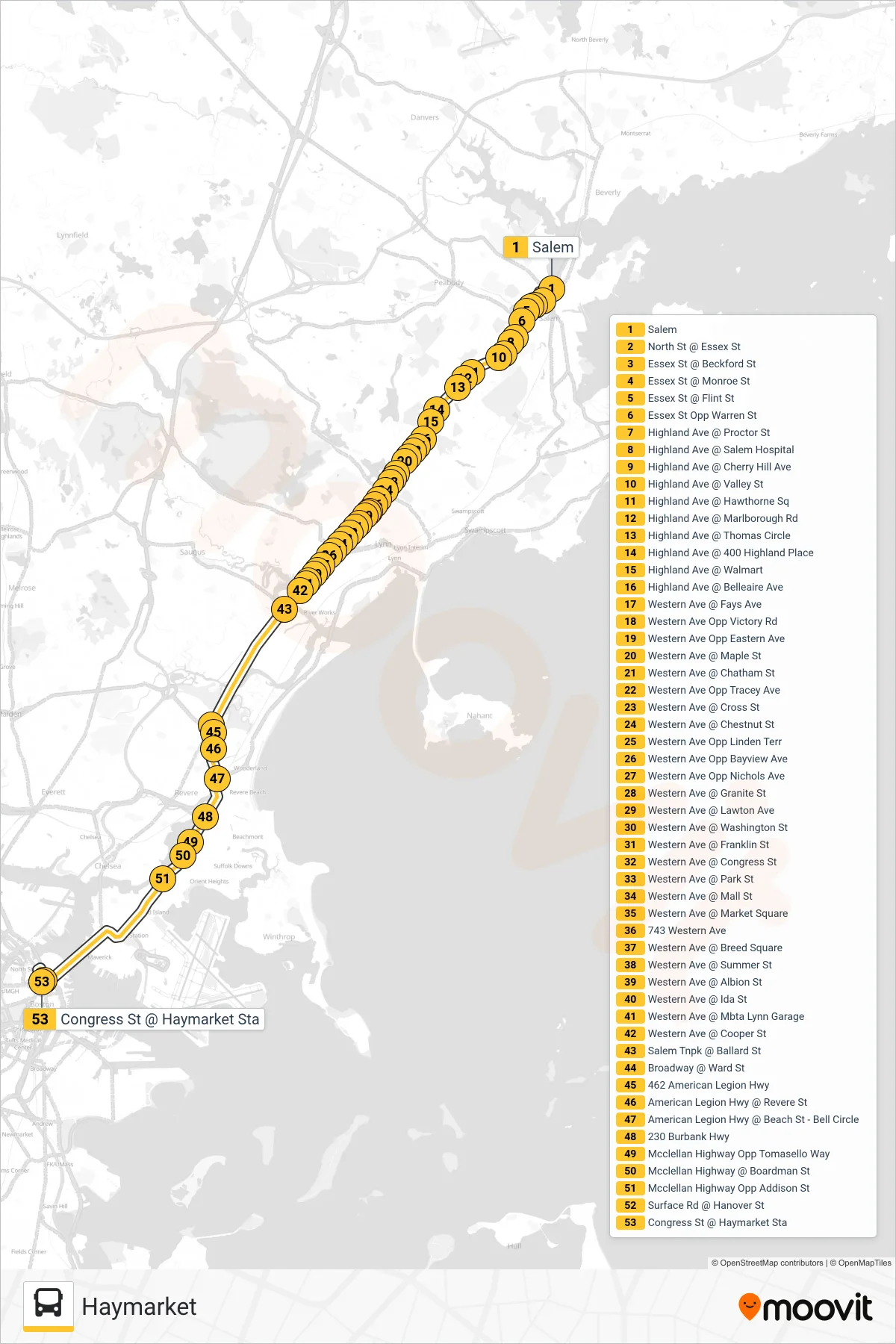 450 bus Line (Haymarket) route and stops on a map