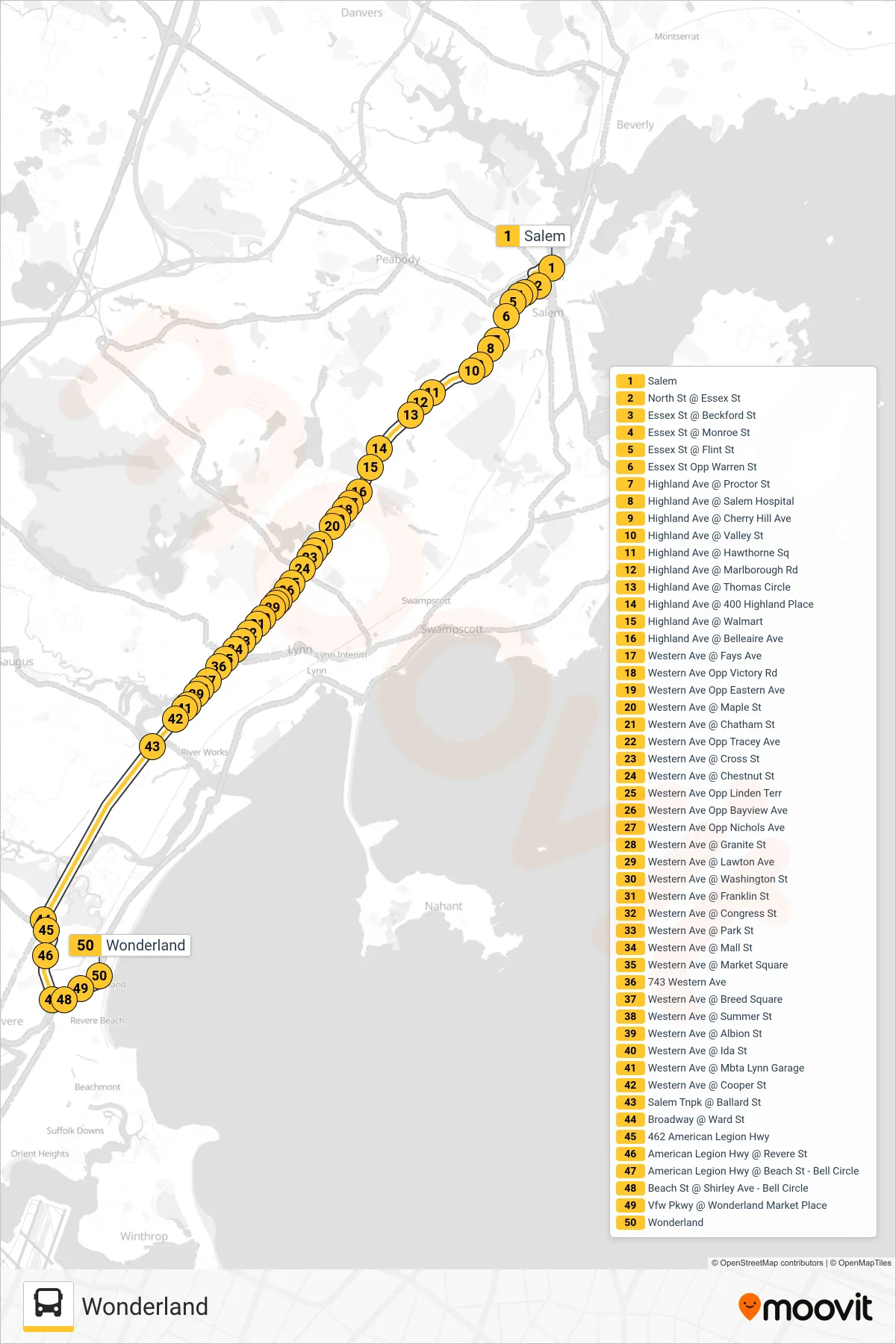 450 bus Line (Wonderland) route and stops on a map