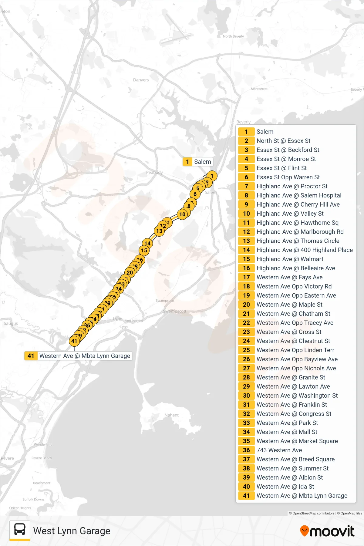 450 bus Line (West Lynn Garage) route and stops on a map