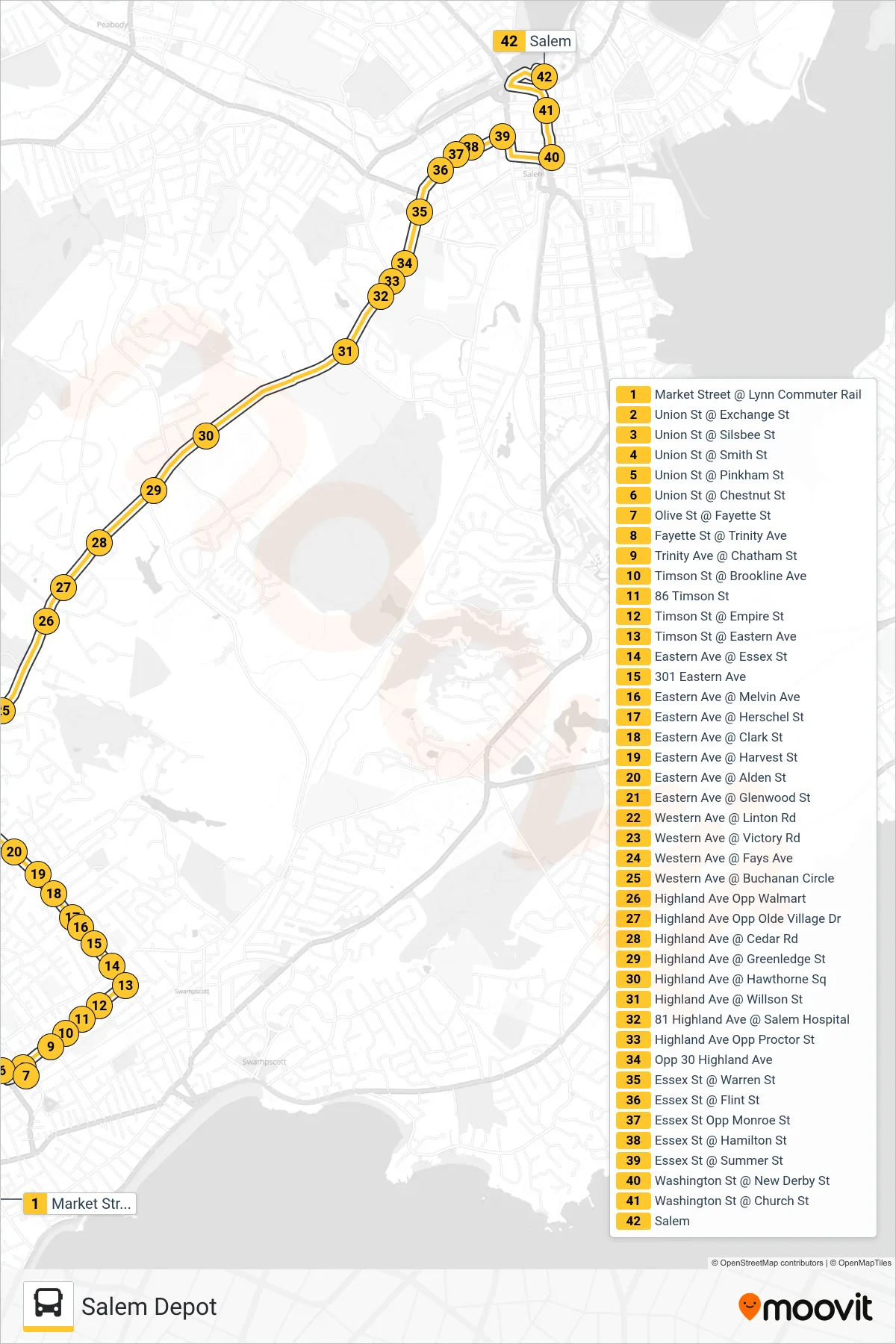 456 bus Line (Salem Depot) route and stops on a map
