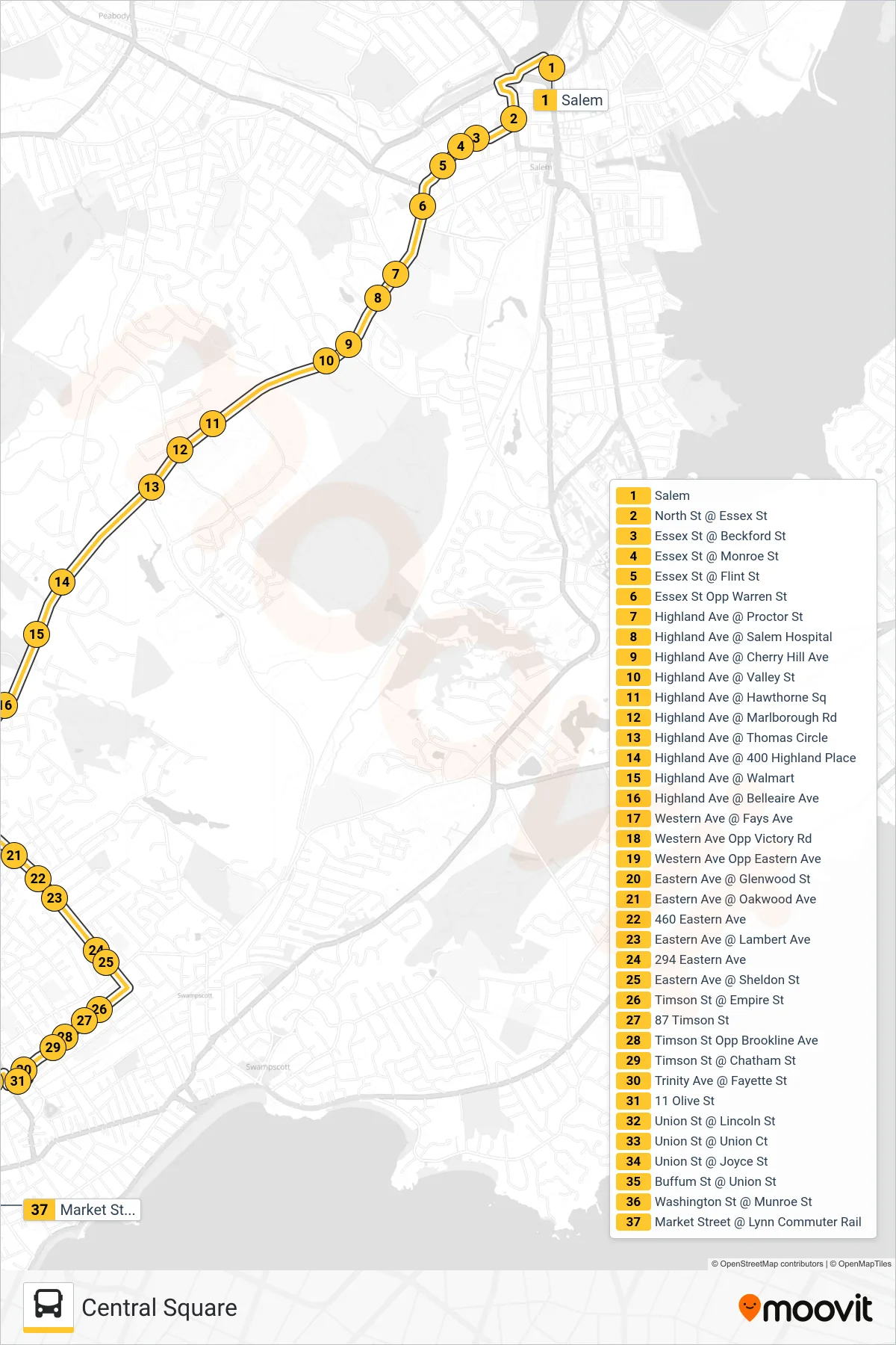 456 bus Line (Central Square) route and stops on a map