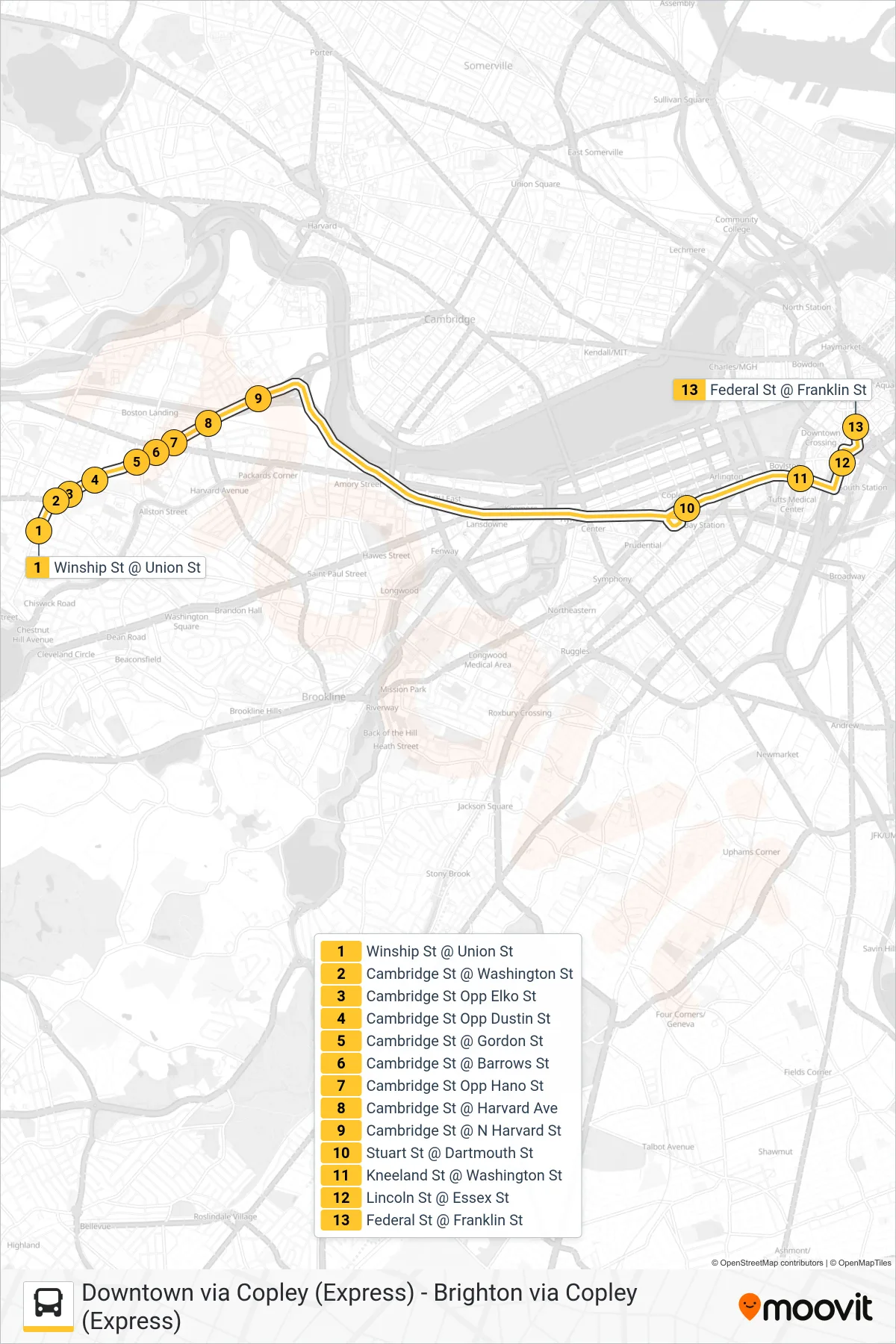 501 bus Line (Downtown Via Cambridge St And Copley (Express)) route and stops on a map
