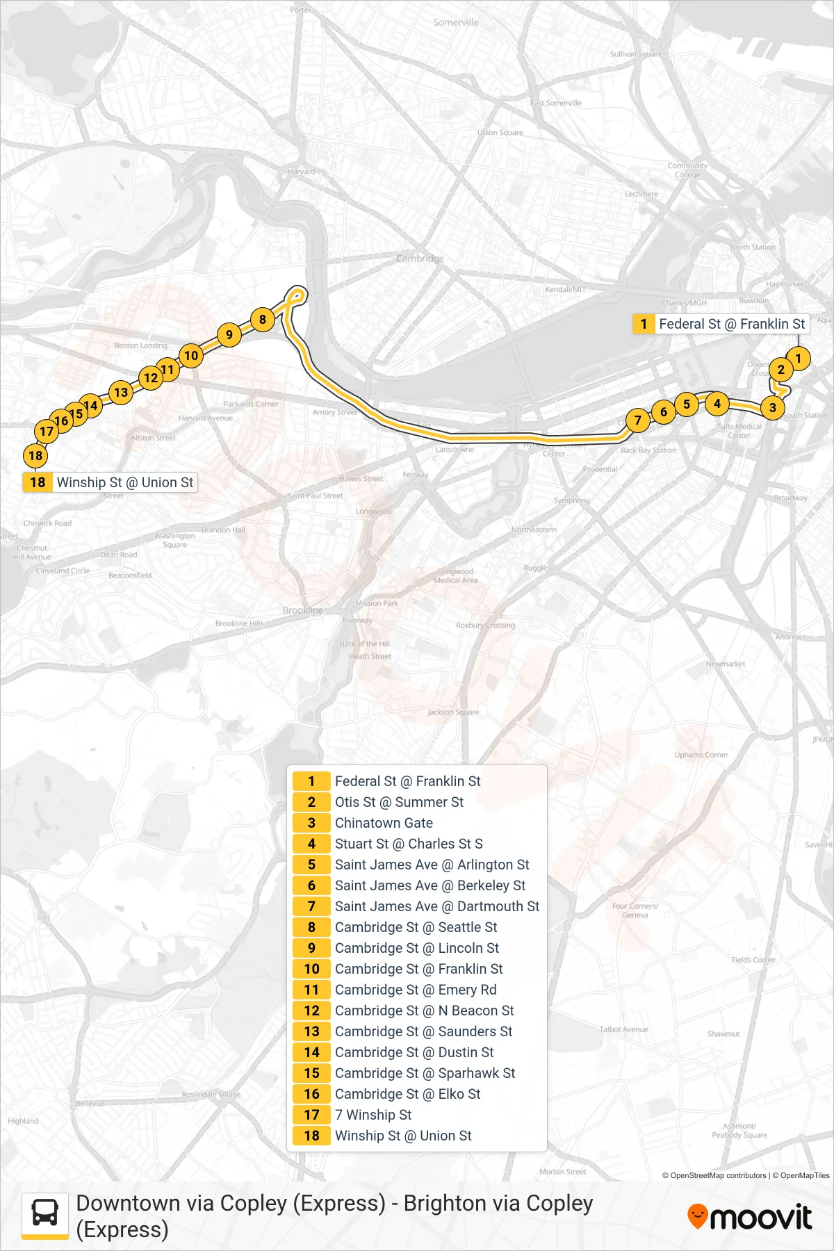 501 bus Line (Brighton Via Copley And Cambridge St (Express)) route and stops on a map