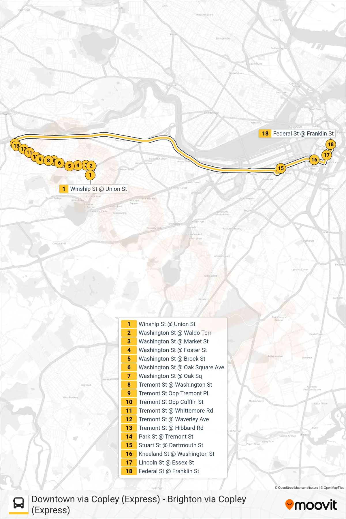 501 bus Line (Downtown Via Copley (Express)) route and stops on a map