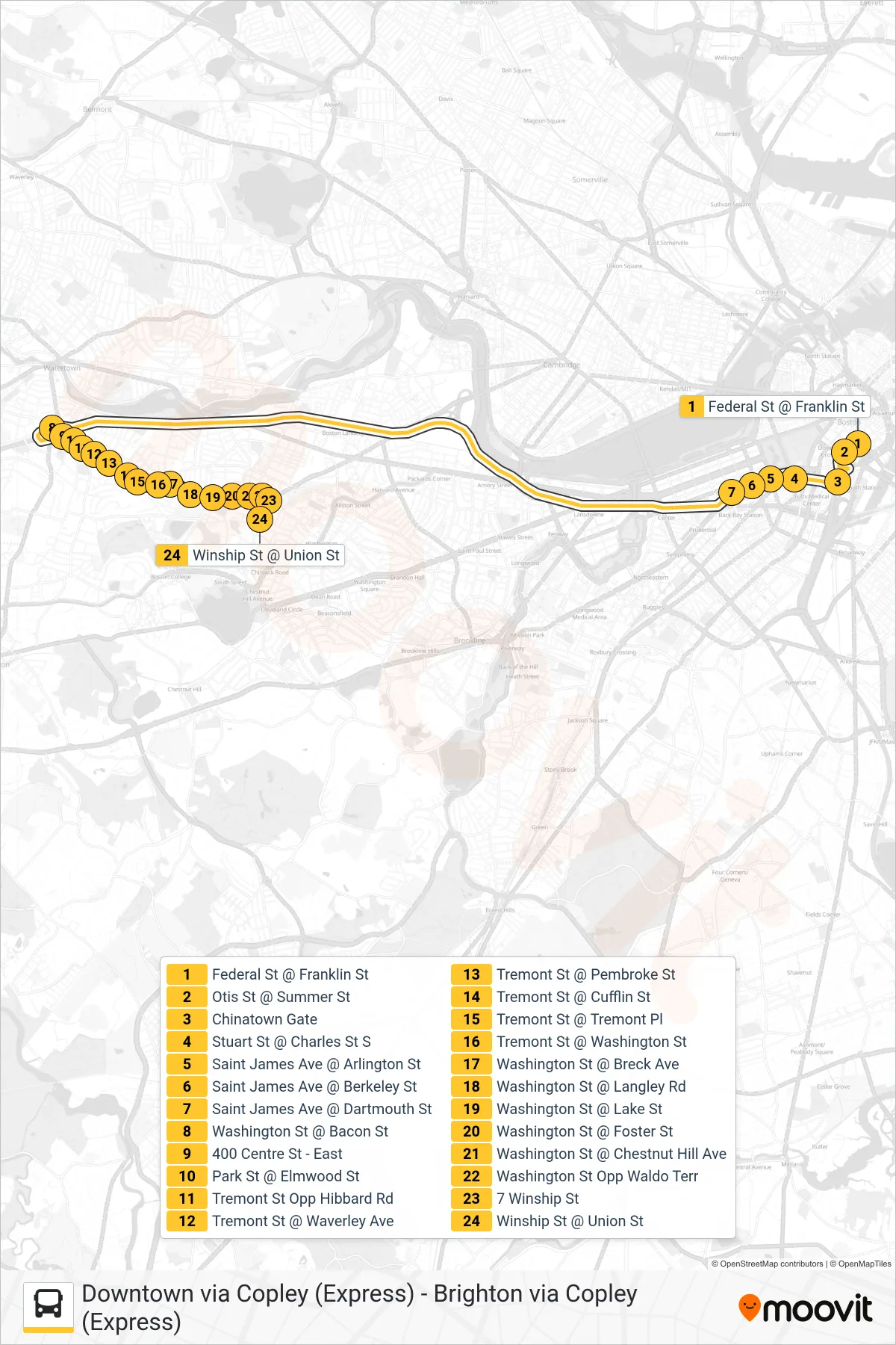 501 bus Line (Brighton Via Copley (Express)) route and stops on a map