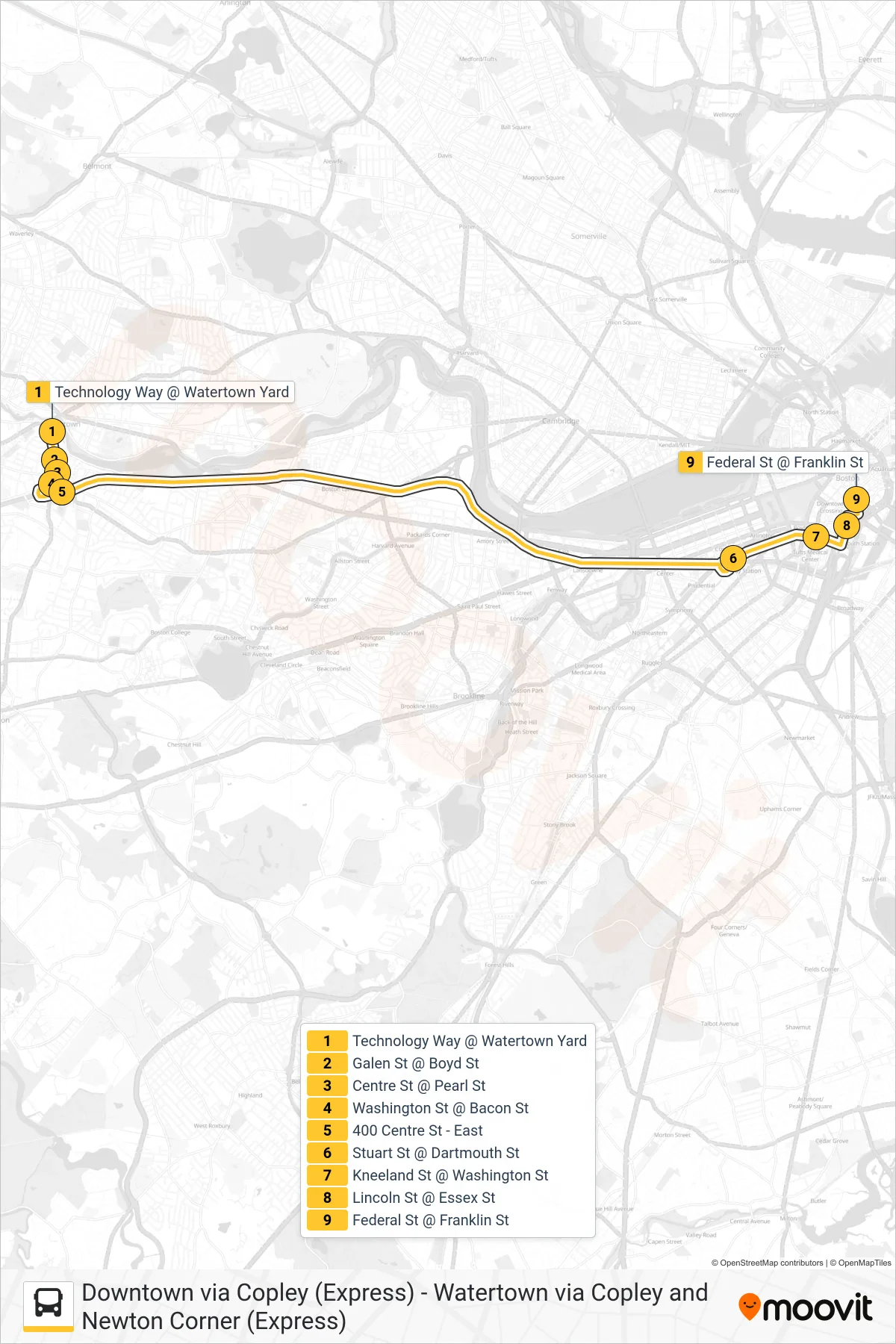 504 bus Line (Downtown Via Copley (Express)) route and stops on a map