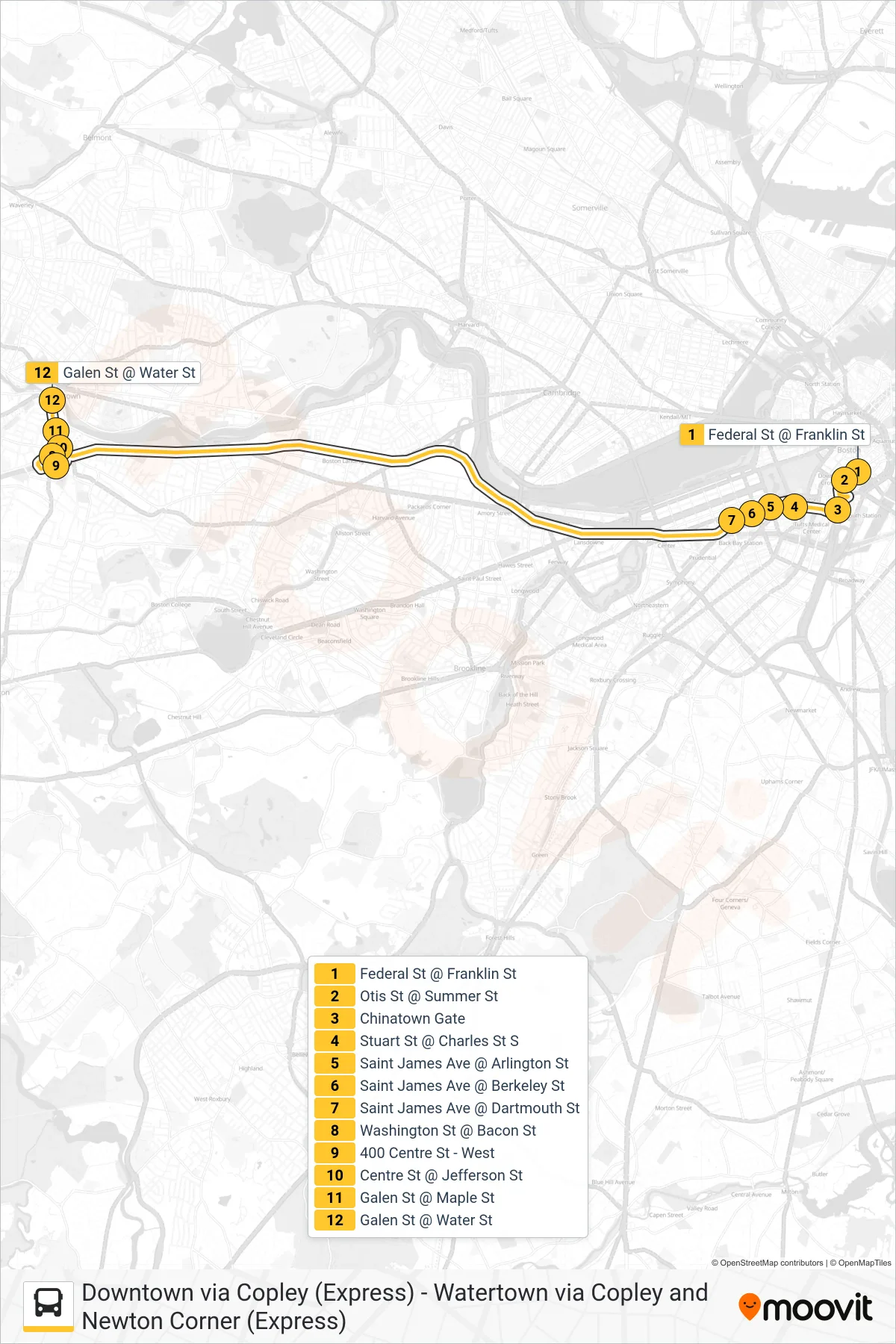 504 bus Line (Watertown Via Copley And Newton Corner (Express)) route and stops on a map