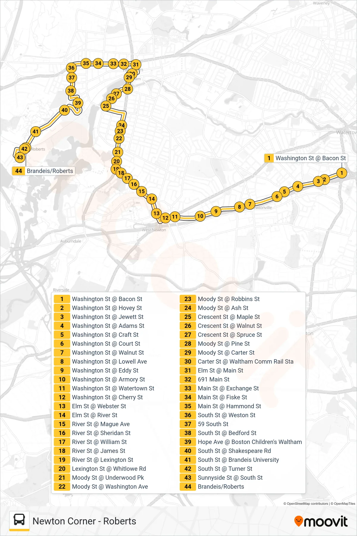 553 bus Line (Roberts) route and stops on a map