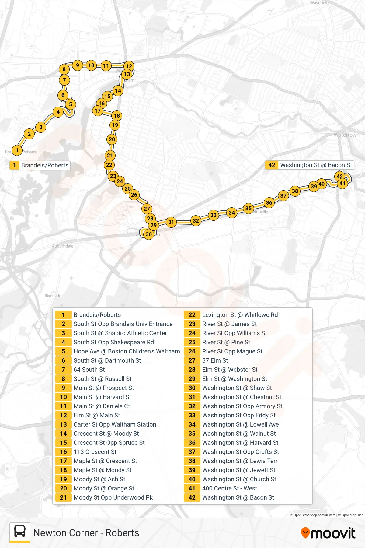 553 bus Line (Newton Corner) route and stops on a map