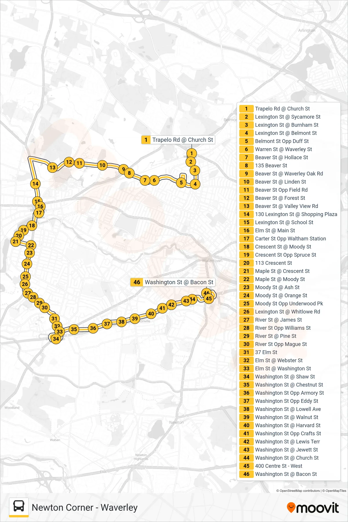 554 bus Line (Newton Corner) route and stops on a map