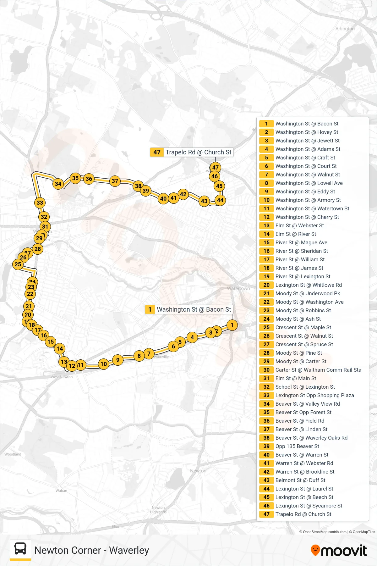 554 bus Line (Waverley) route and stops on a map