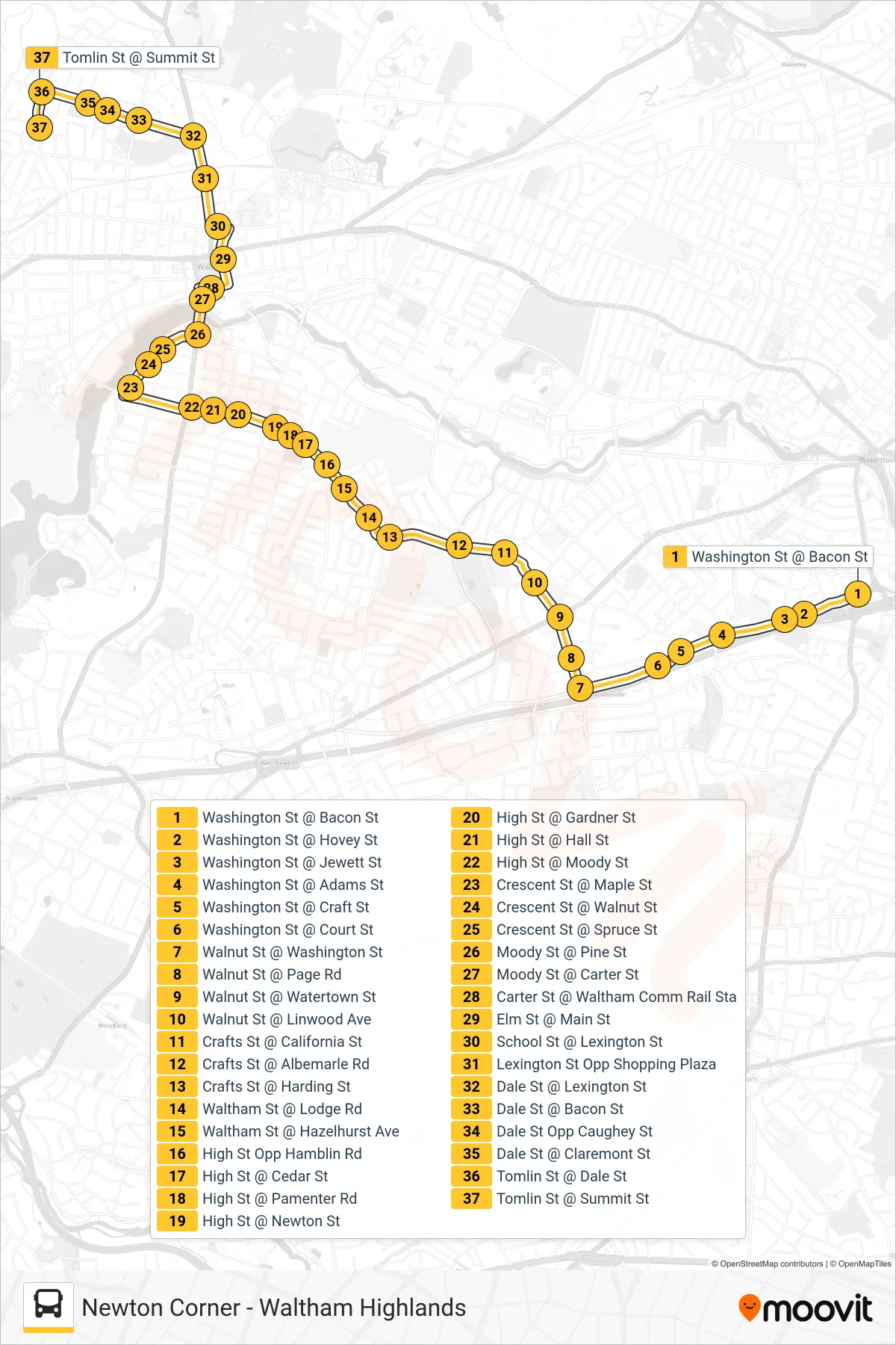 556 bus Line (Waltham Highlands) route and stops on a map