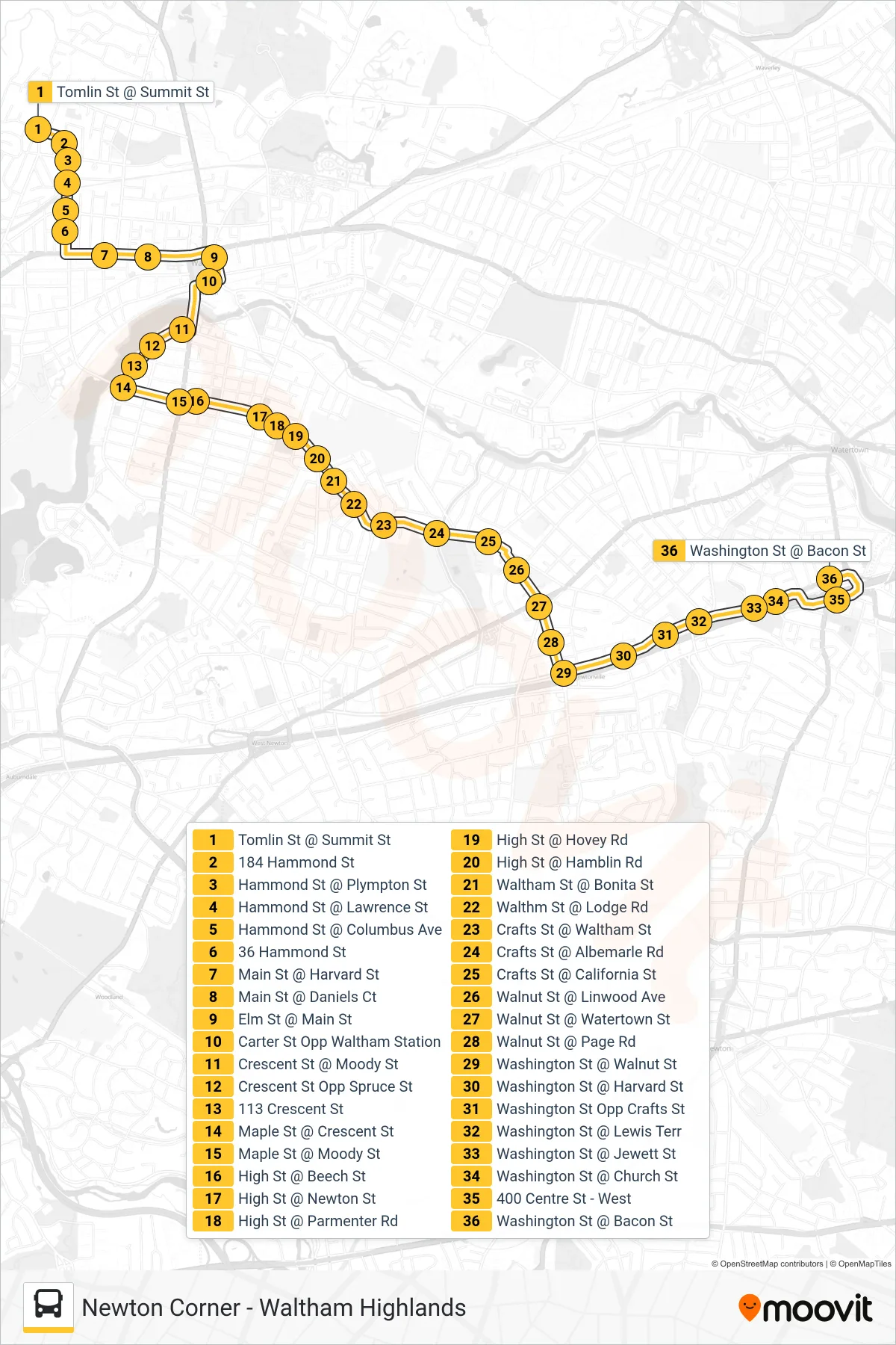 556 bus Line (Newton Corner) route and stops on a map