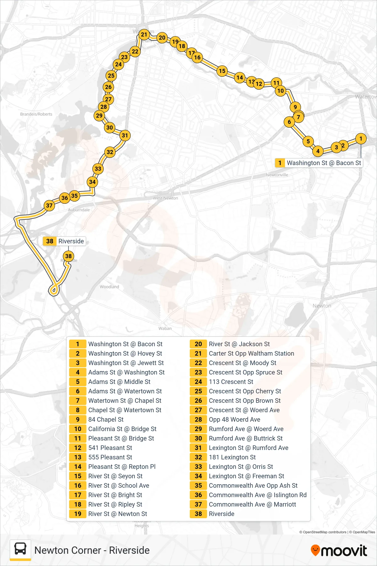 558 bus Line (Riverside) route and stops on a map