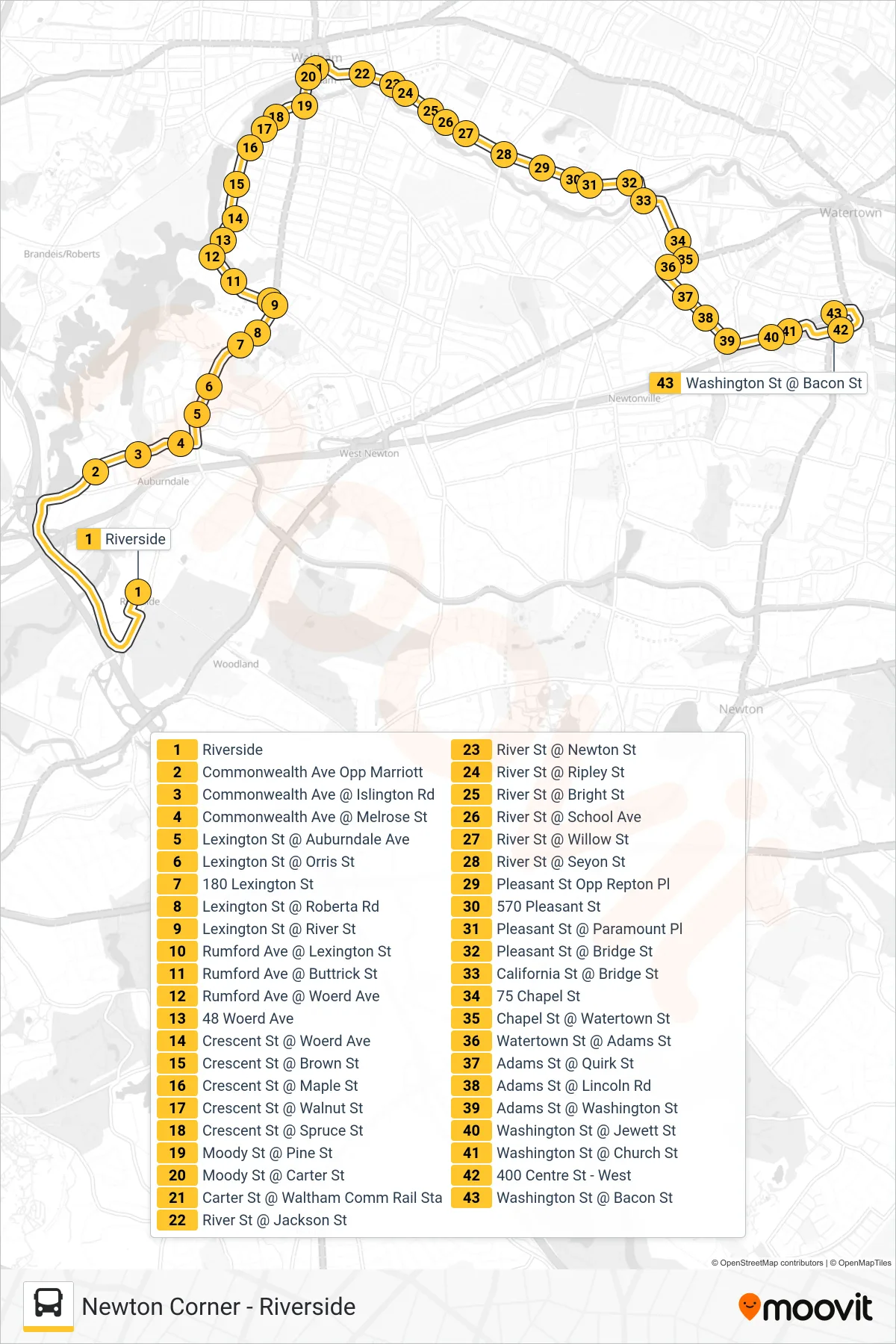 558 bus Line (Newton Corner) route and stops on a map