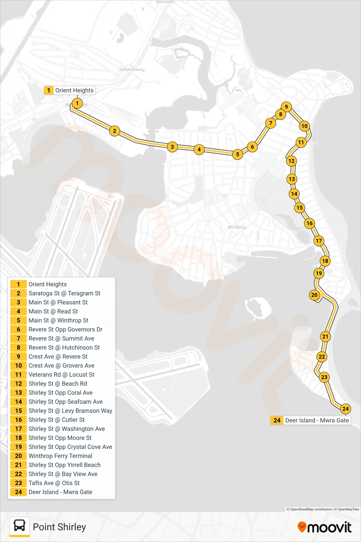 712 bus Line (Point Shirley) route and stops on a map