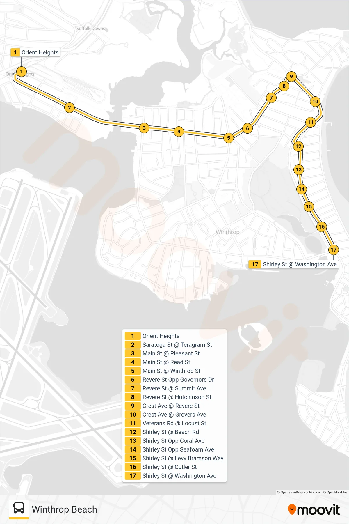 712 bus Line (Winthrop Beach) route and stops on a map