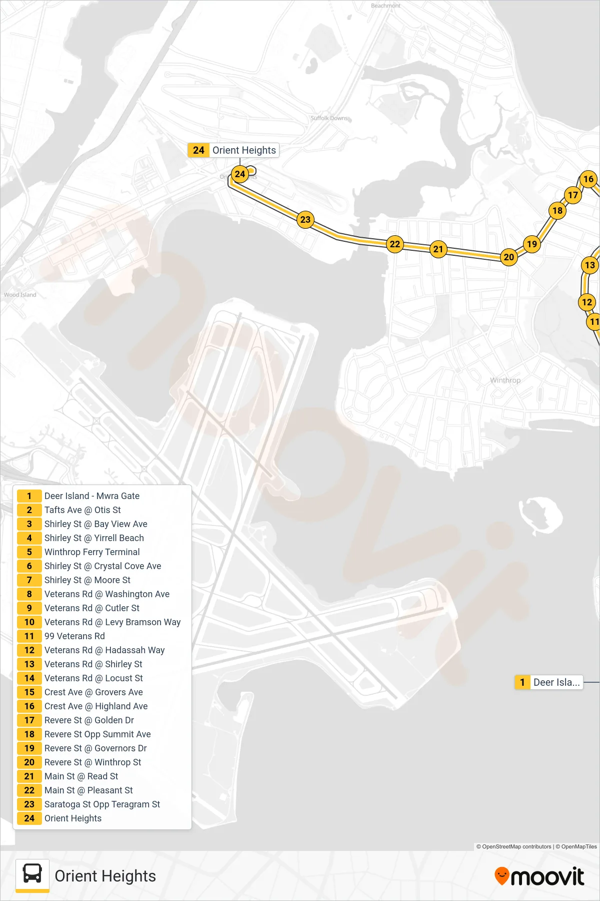 712 bus Line (Orient Heights) route and stops on a map