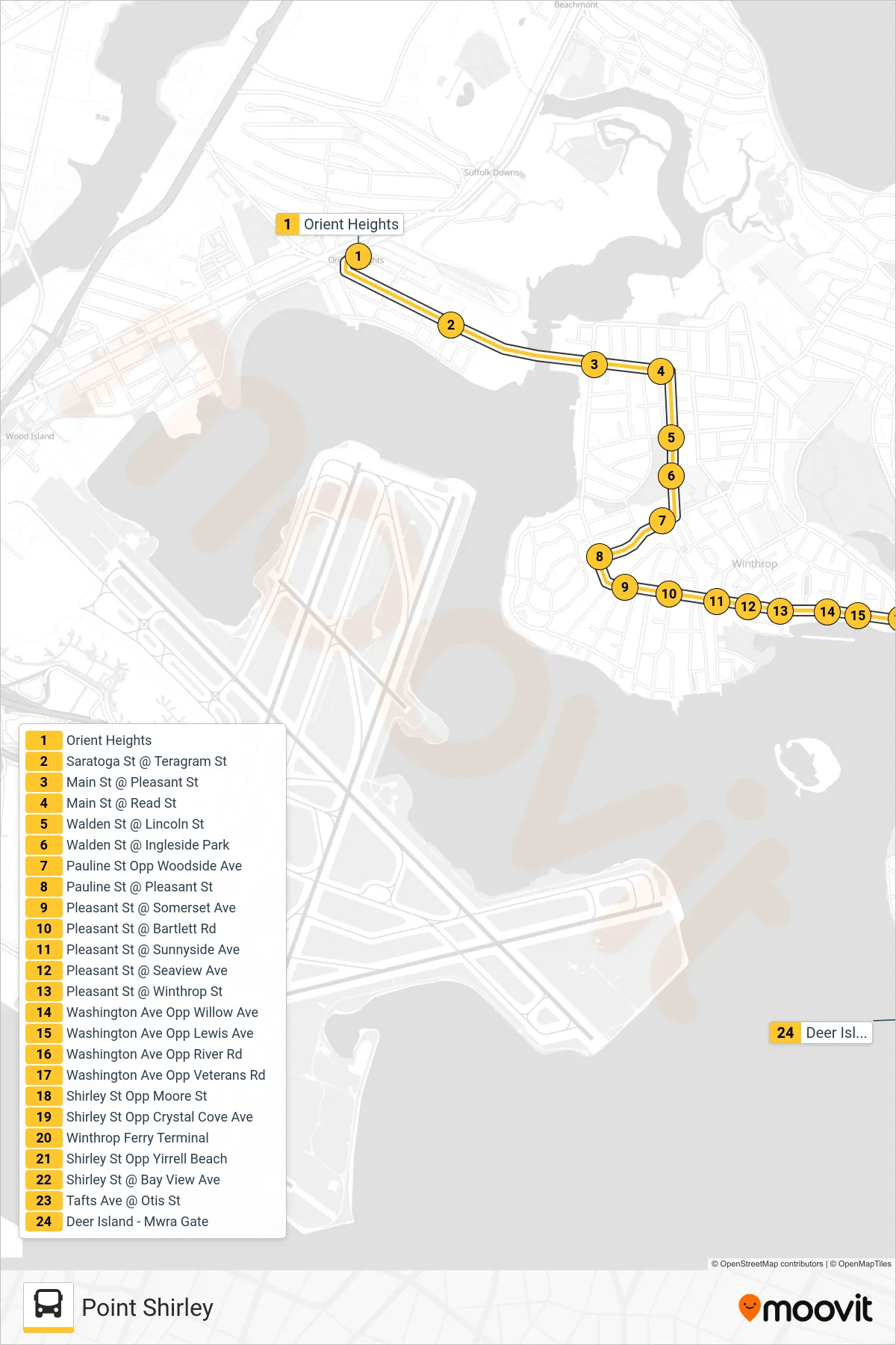 713 bus Line (Point Shirley) route and stops on a map