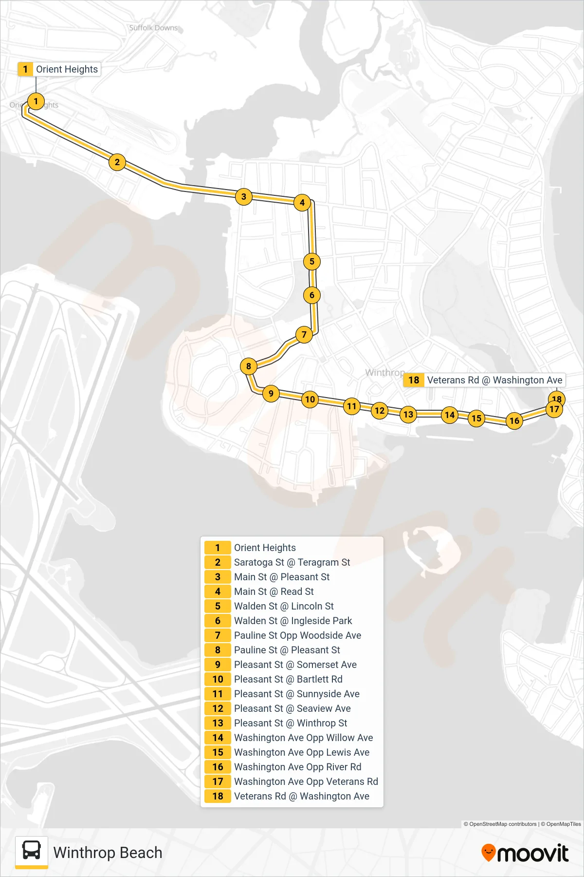 713 bus Line (Winthrop Beach) route and stops on a map