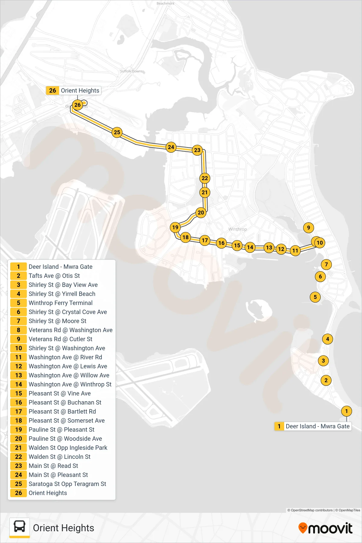 713 bus Line (Orient Heights) route and stops on a map