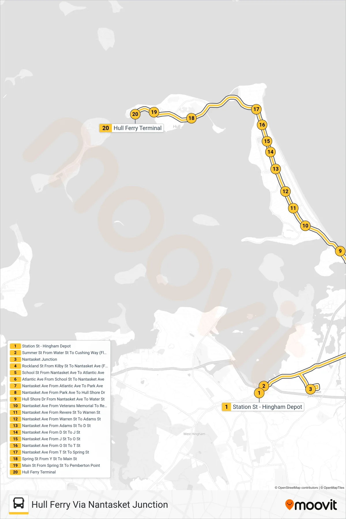 714 bus Line (Hull Ferry Via Nantasket Junction) route and stops on a map