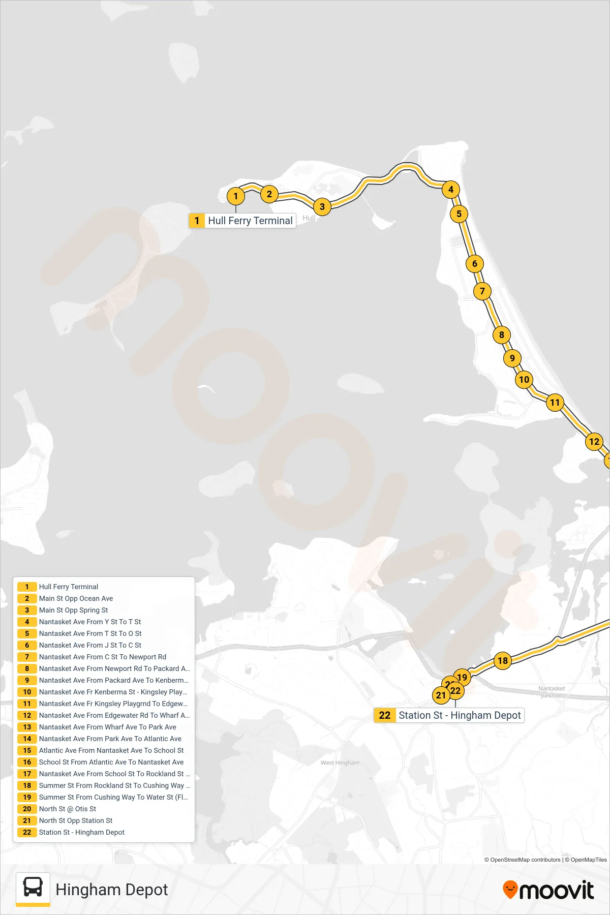 714 bus Line (Hingham Depot) route and stops on a map