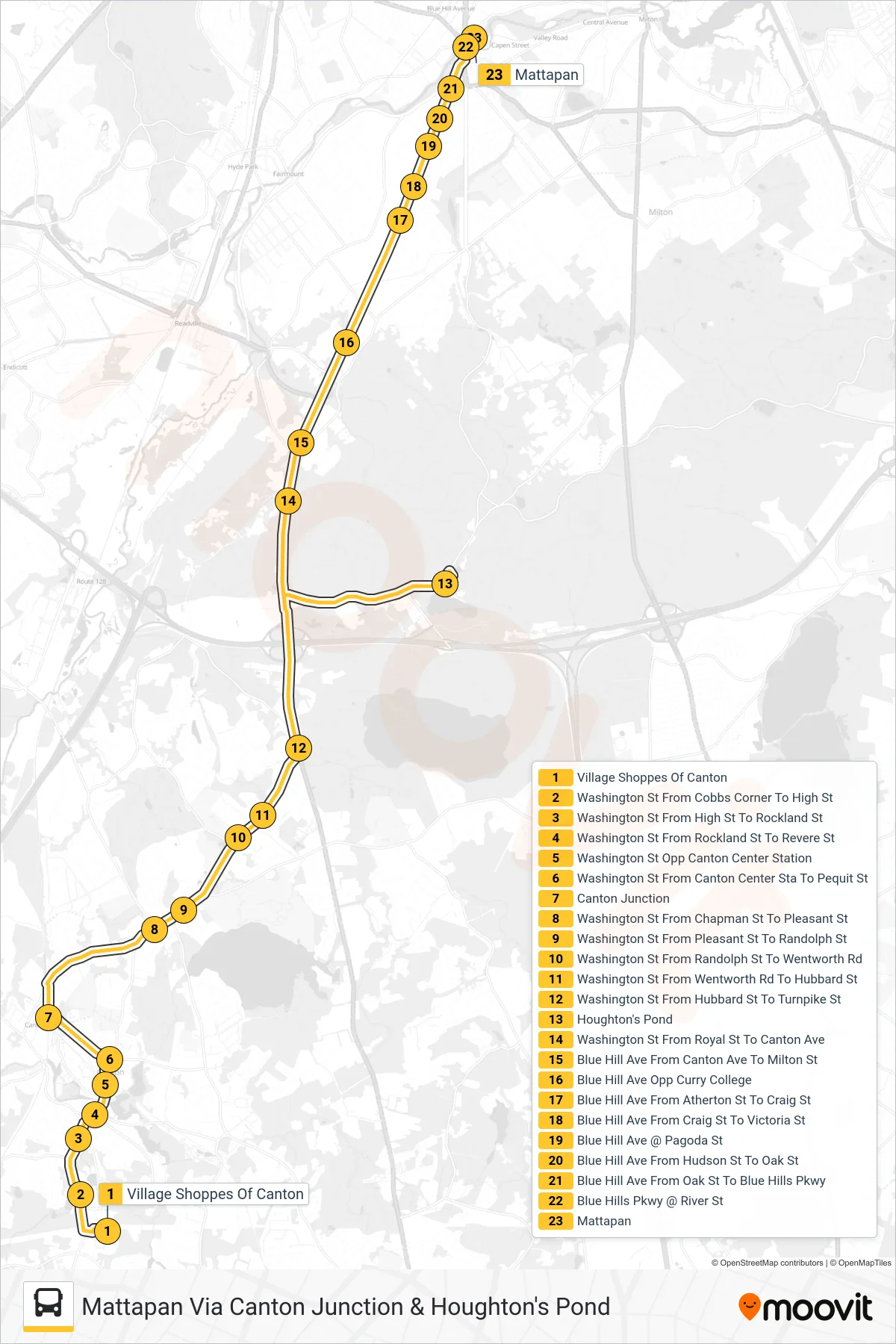 716 bus Line (Mattapan Via Canton Junction & Houghton's Pond) route and stops on a map