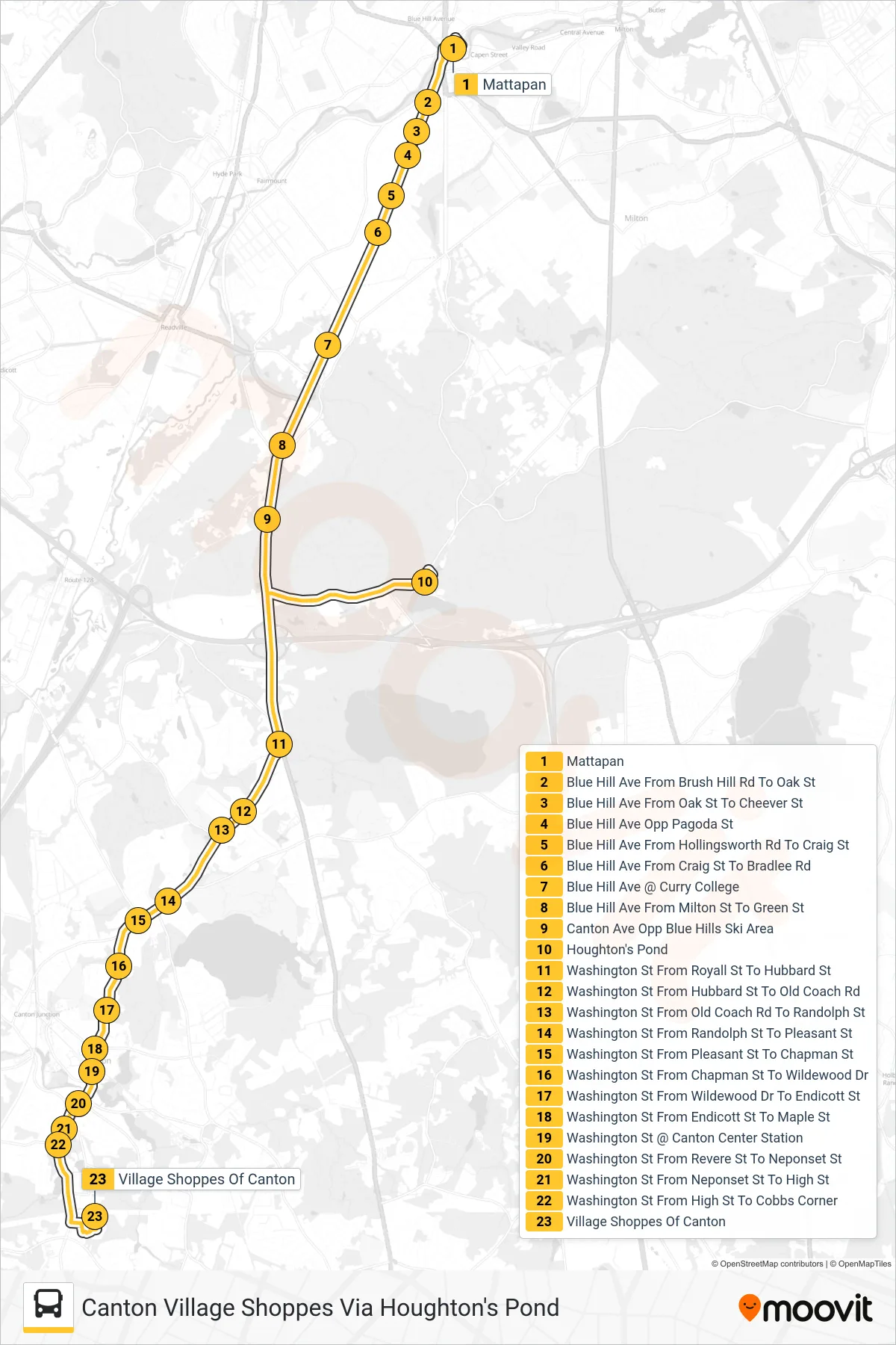 716 bus Line (Canton Village Shoppes Via Houghton's Pond) route and stops on a map