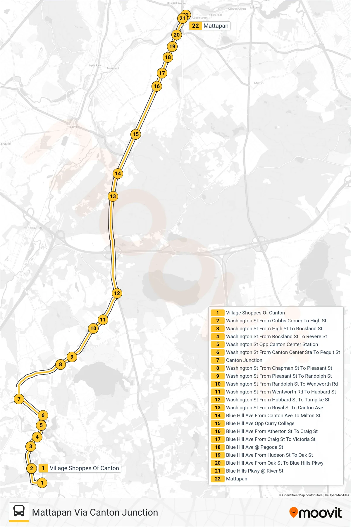 716 bus Line (Mattapan Via Canton Junction) route and stops on a map