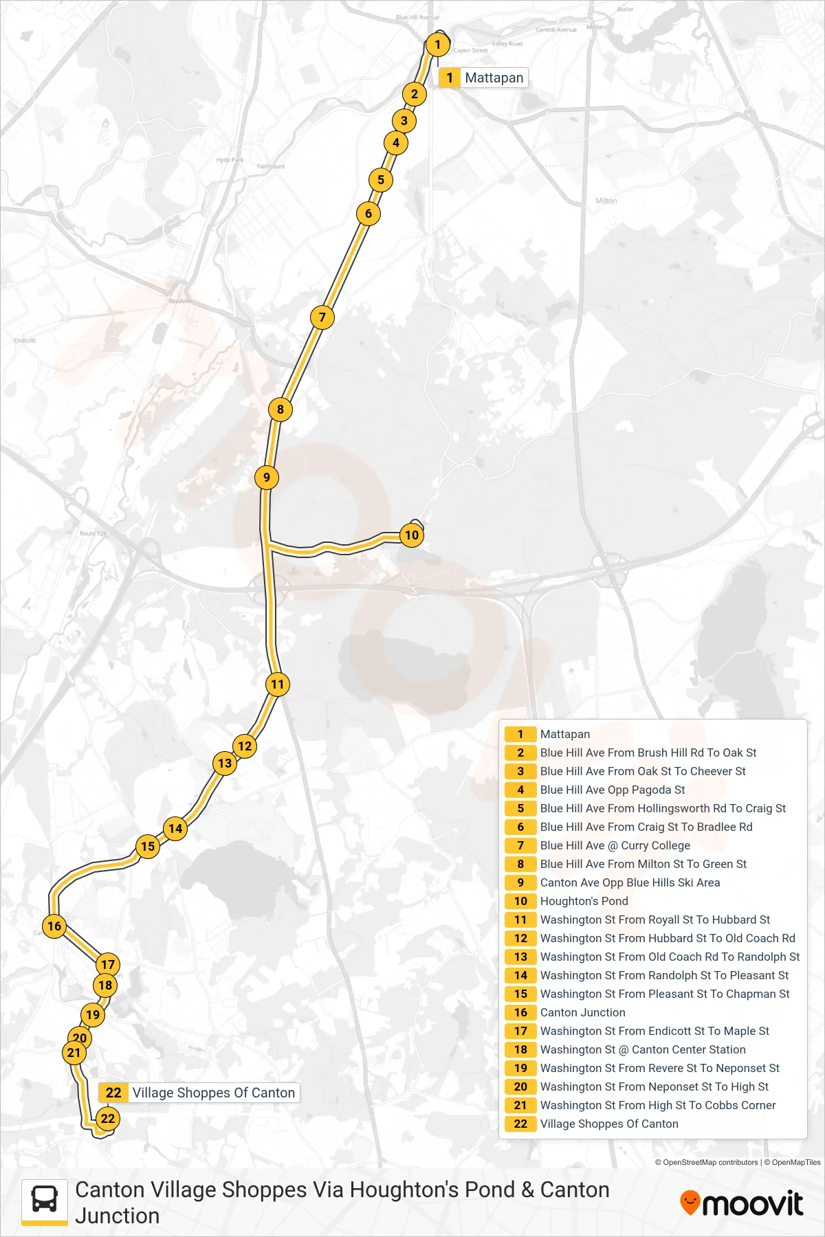 716 bus Line (Canton Village Shoppes Via Houghton's Pond & Canton Junction) route and stops on a map