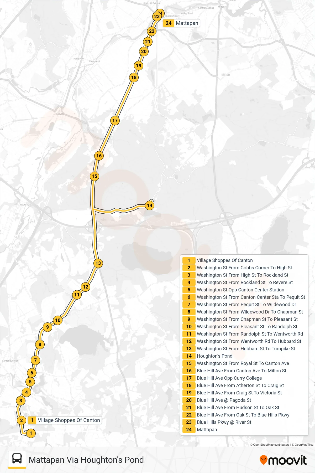 716 bus Line (Mattapan Via Houghton's Pond) route and stops on a map