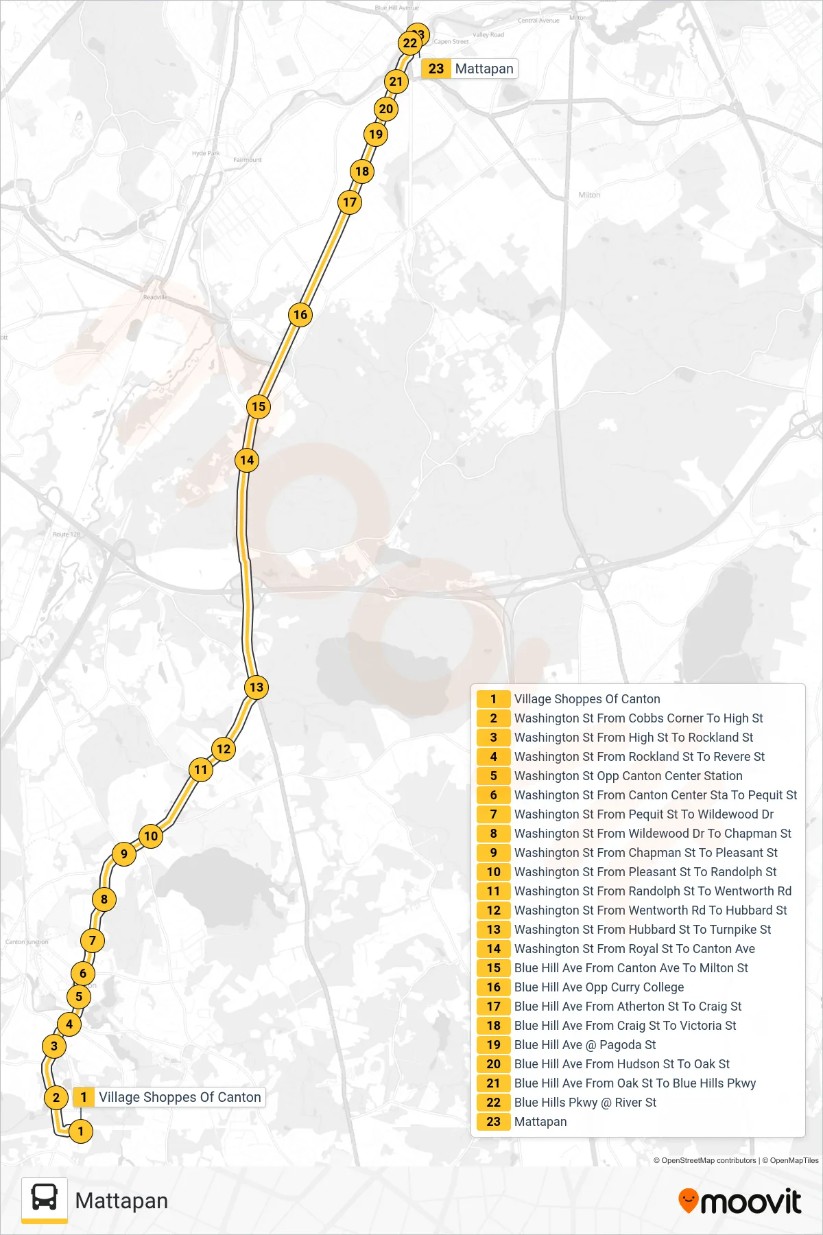 716 bus Line (Mattapan) route and stops on a map