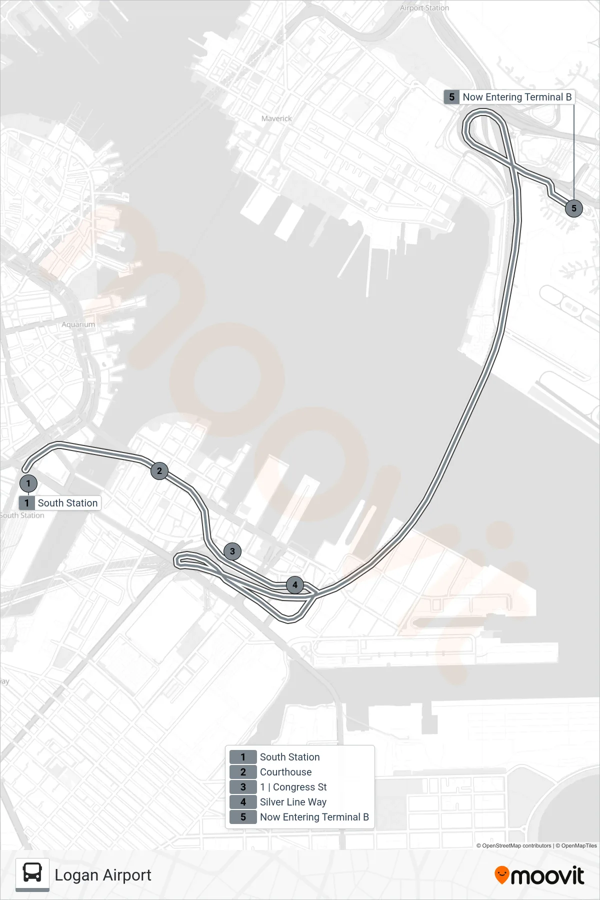 SL1 bus Line (Logan Airport) route and stops on a map