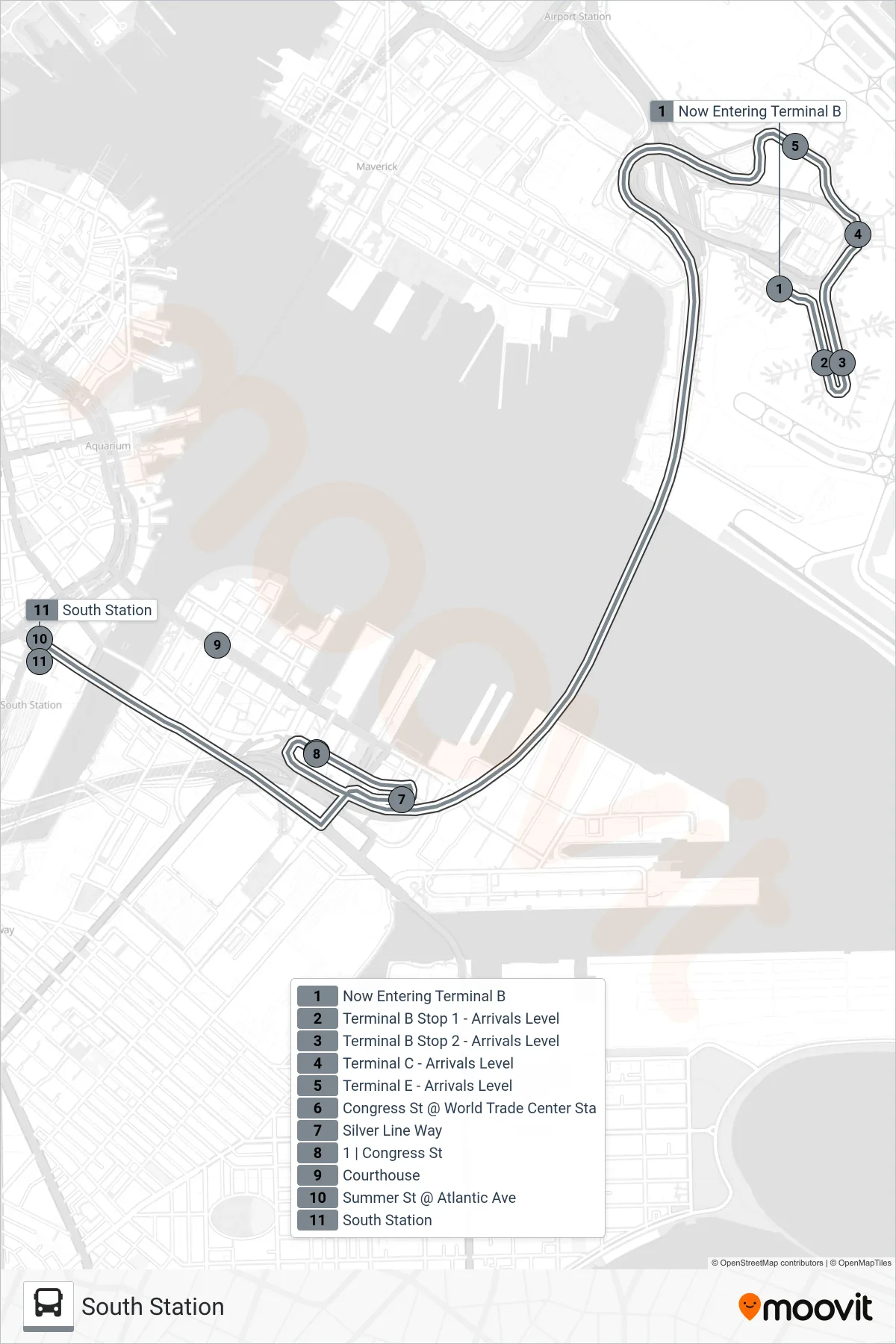 SL1 bus Line (South Station) route and stops on a map