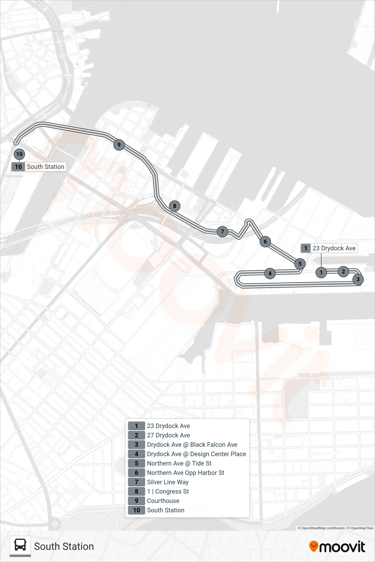 SL2 bus Line (South Station) route and stops on a map