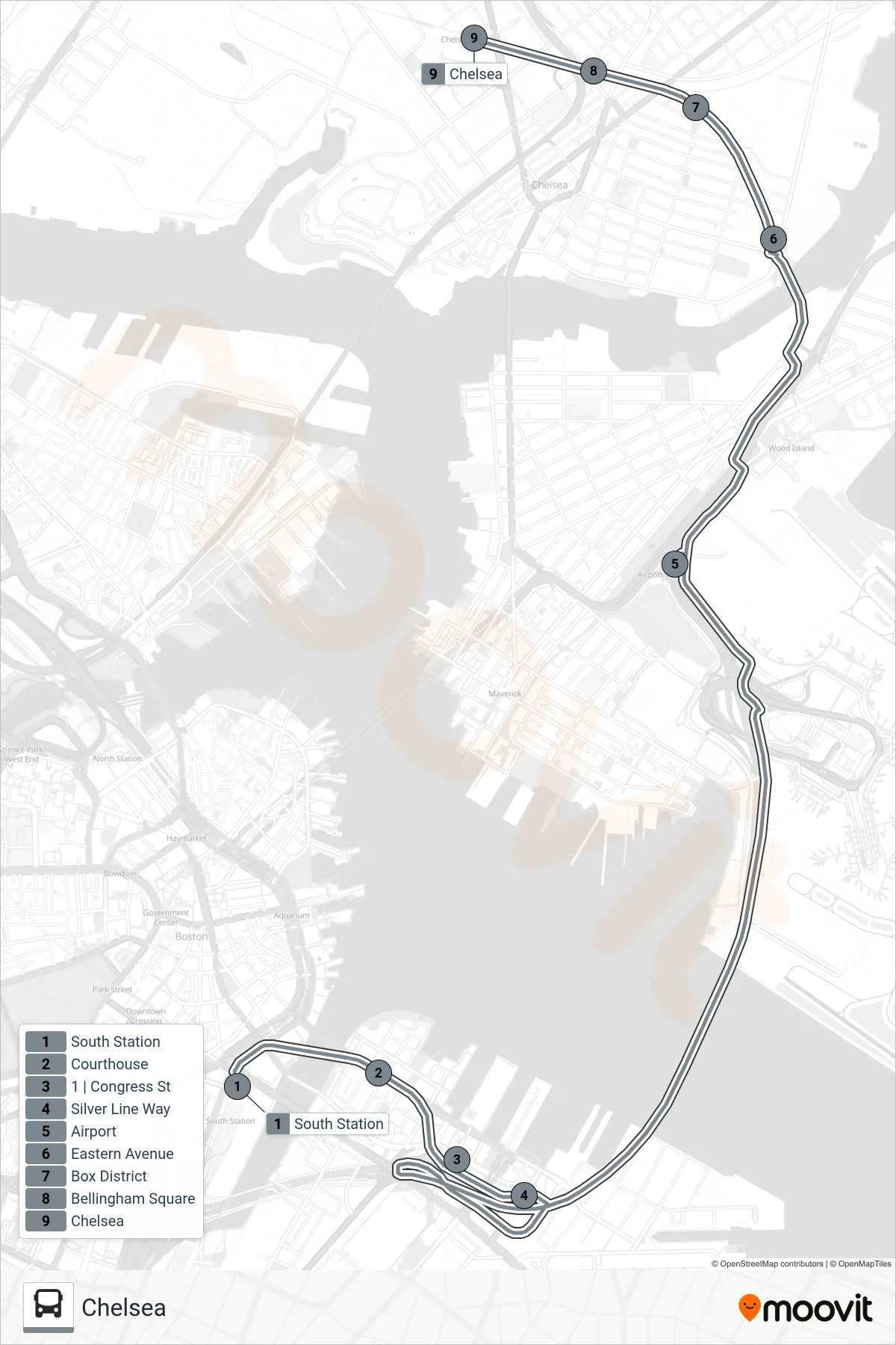 SL3 bus Line (Chelsea) route and stops on a map