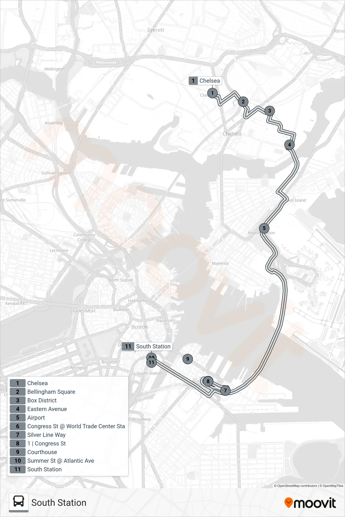 SL3 bus Line (South Station) route and stops on a map