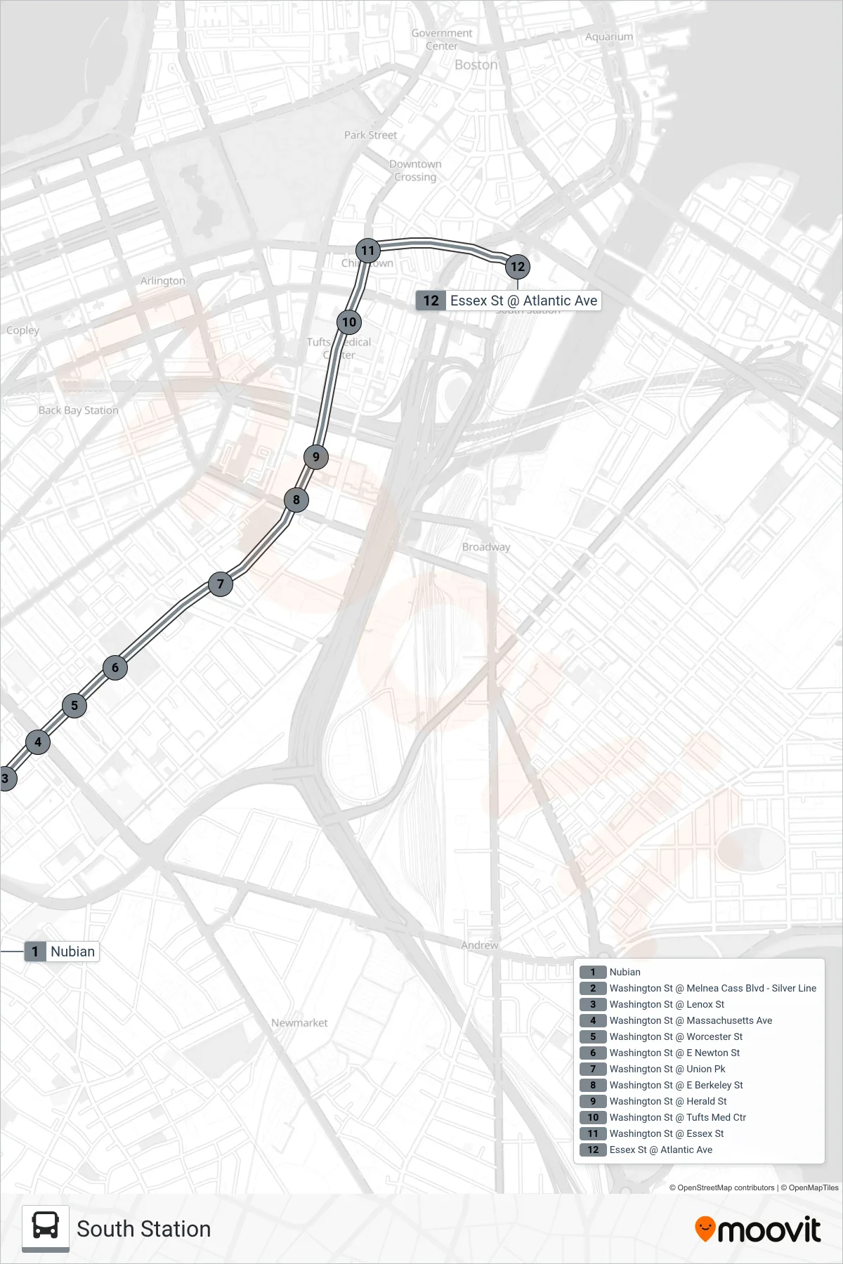 SL4 bus Line (South Station) route and stops on a map