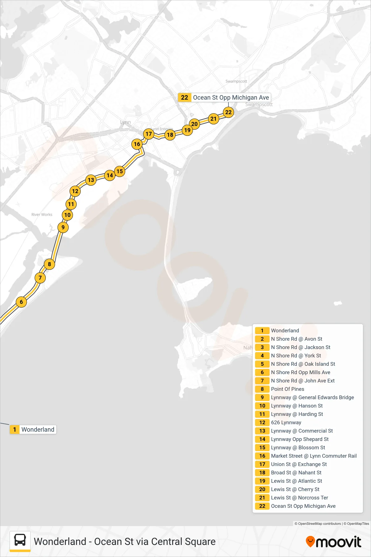 441/442 bus Line (Ocean St Via Central Square) route and stops on a map