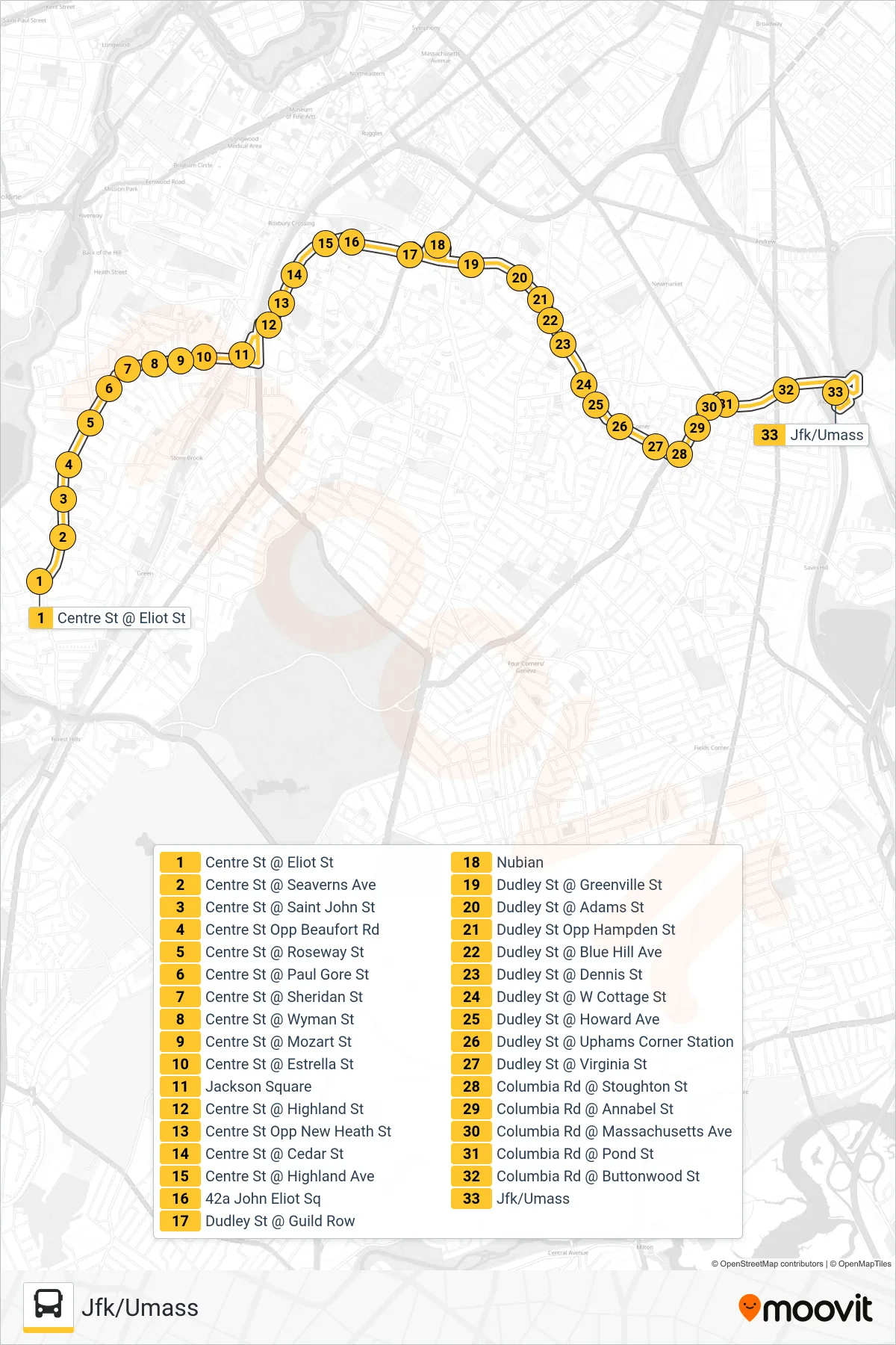 41 bus Line (Jfk/Umass) route and stops on a map