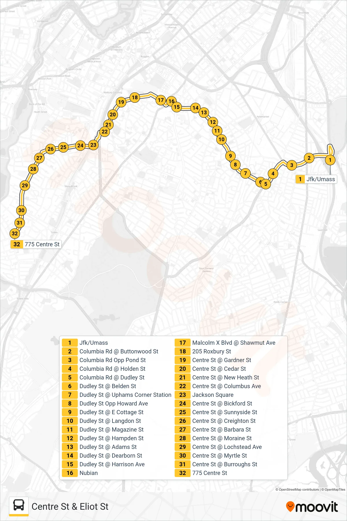 41 bus Line (Centre St & Eliot St) route and stops on a map