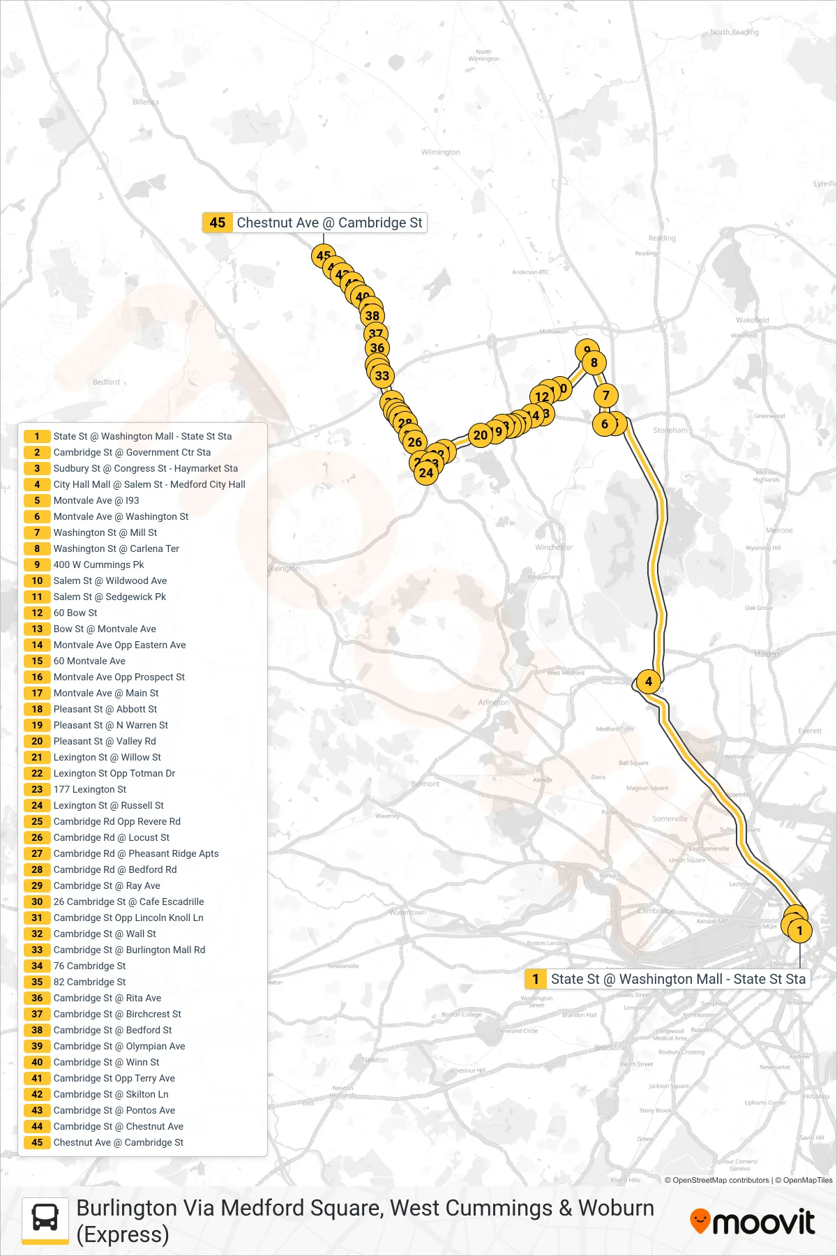 354 bus Line (Burlington Via Medford Square, West Cummings & Woburn (Express)) route and stops on a map