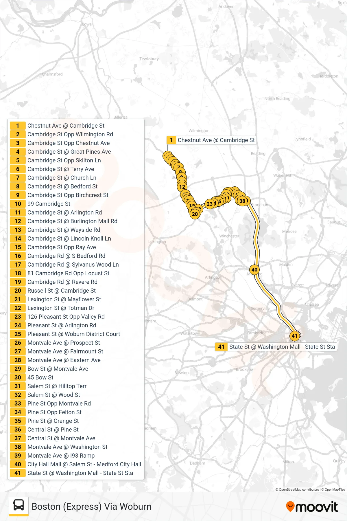 354 bus Line (Boston (Express) Via Woburn) route and stops on a map