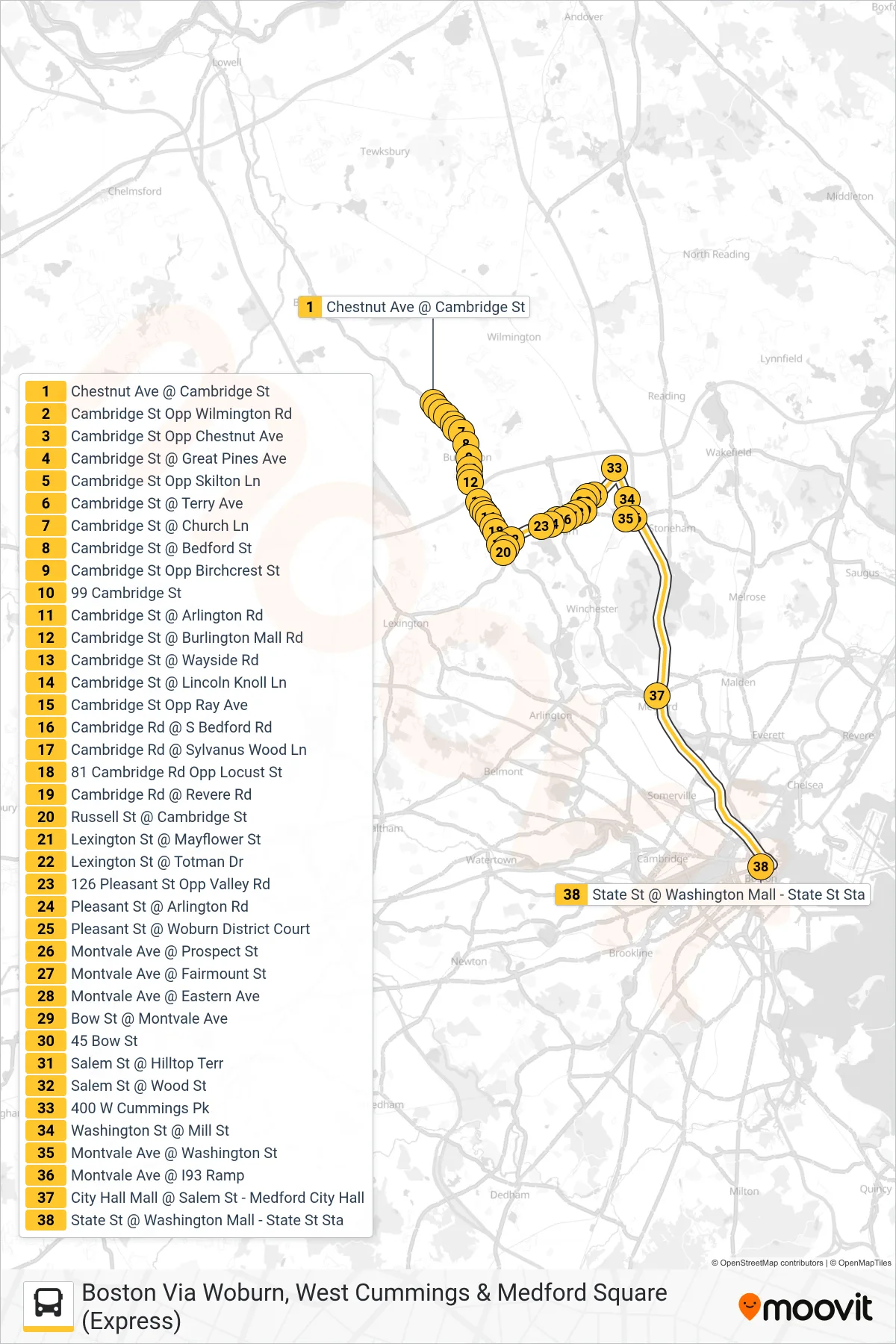 354 bus Line (Boston Via Woburn, West Cummings & Medford Square (Express)) route and stops on a map