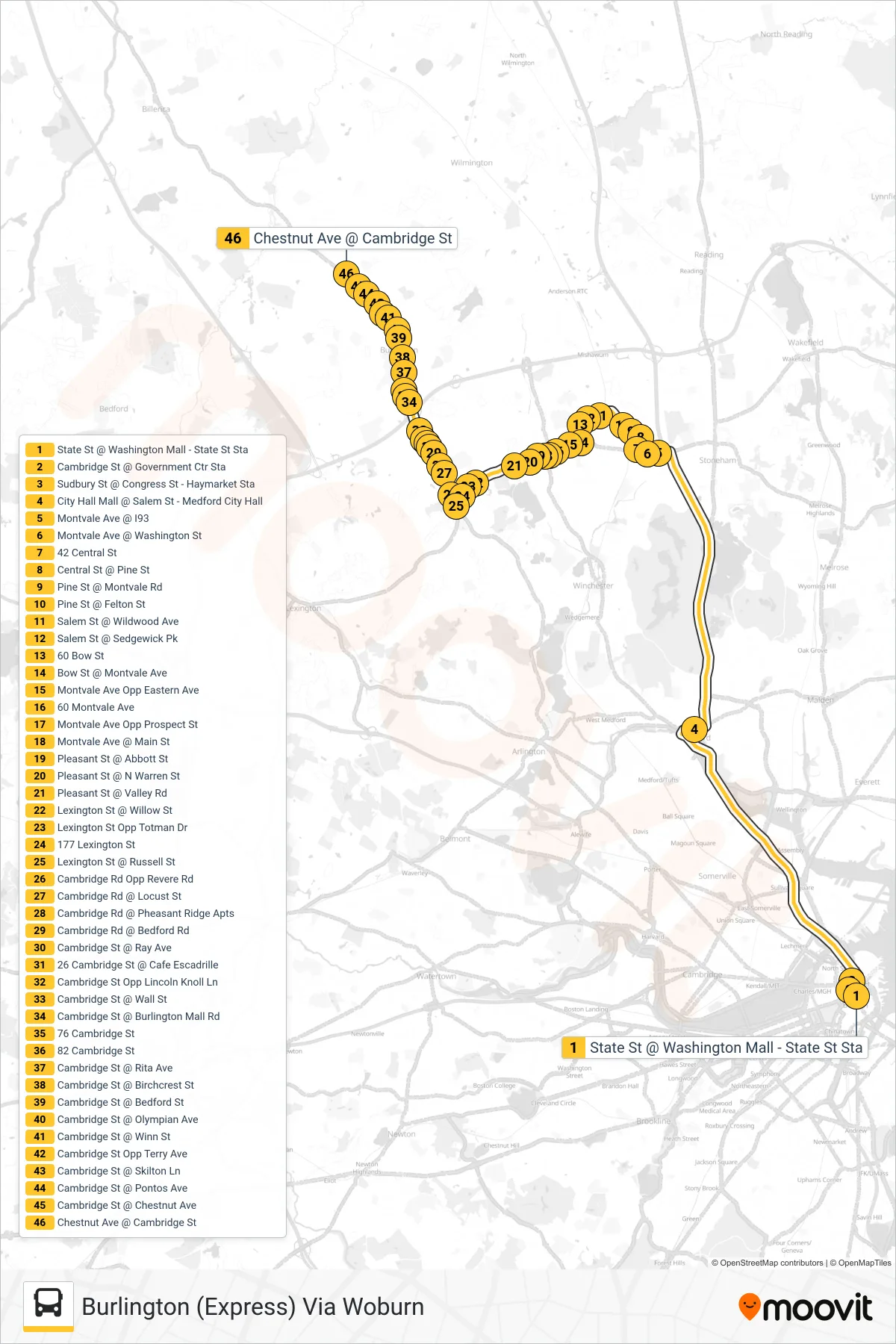 354 bus Line (Burlington (Express) Via Woburn) route and stops on a map